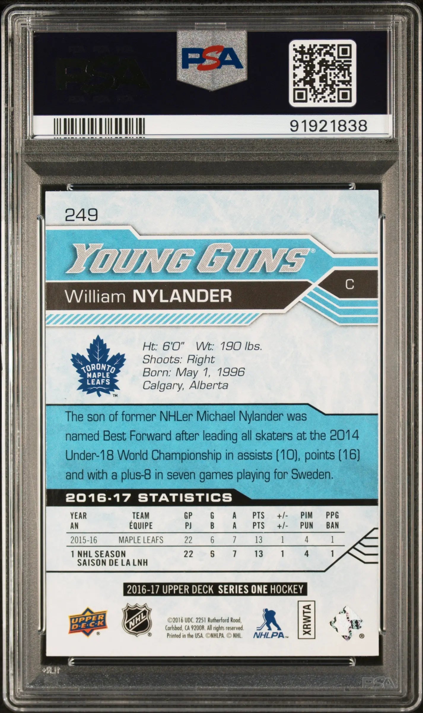 2016-17 Upper Deck Series One William Nylander Young Guns RC Rookie #249 PSA 10 