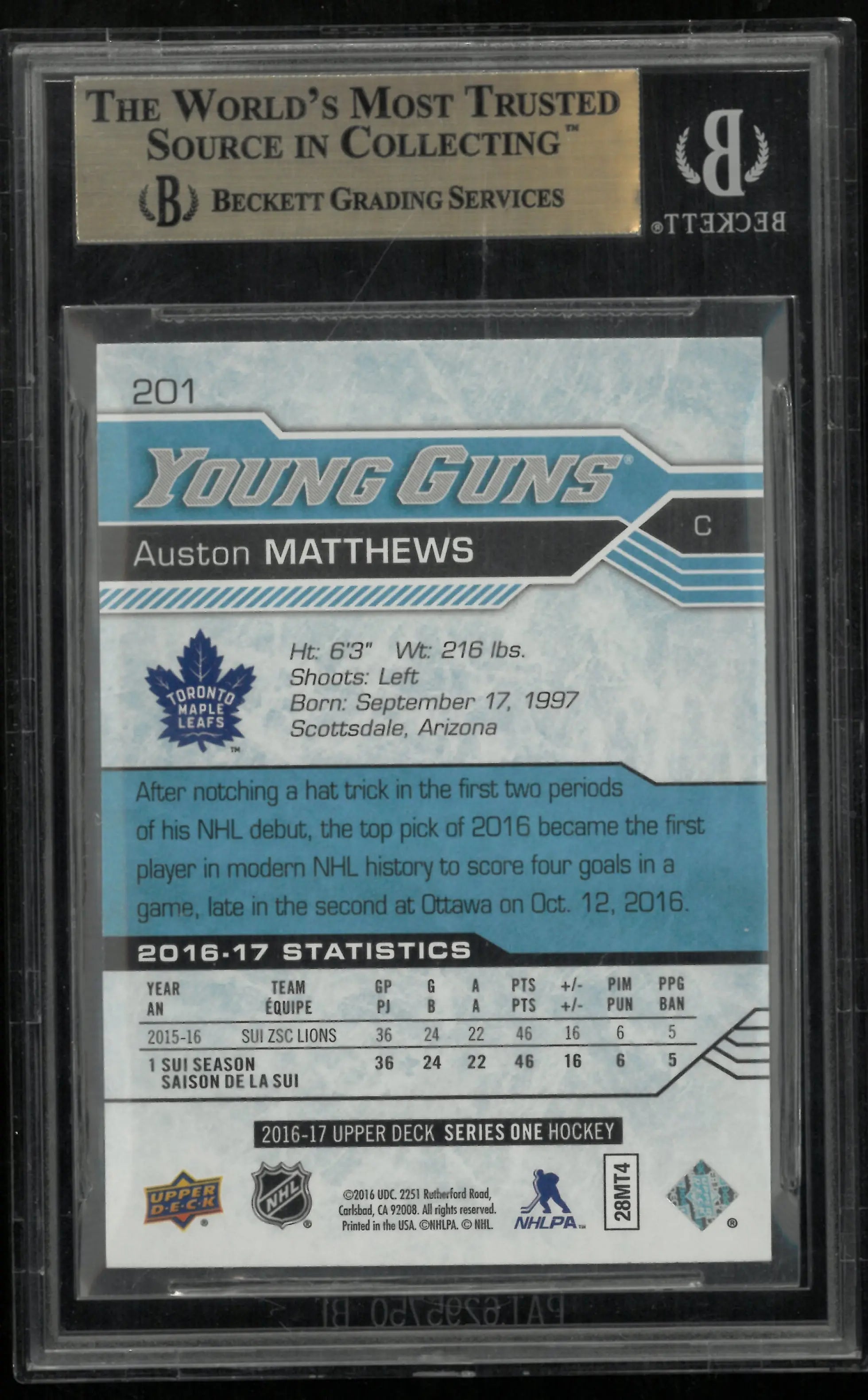 2016-17 Upper Deck Series Two Auston Matthews Young Guns RC Rookie BGS 9.5 
