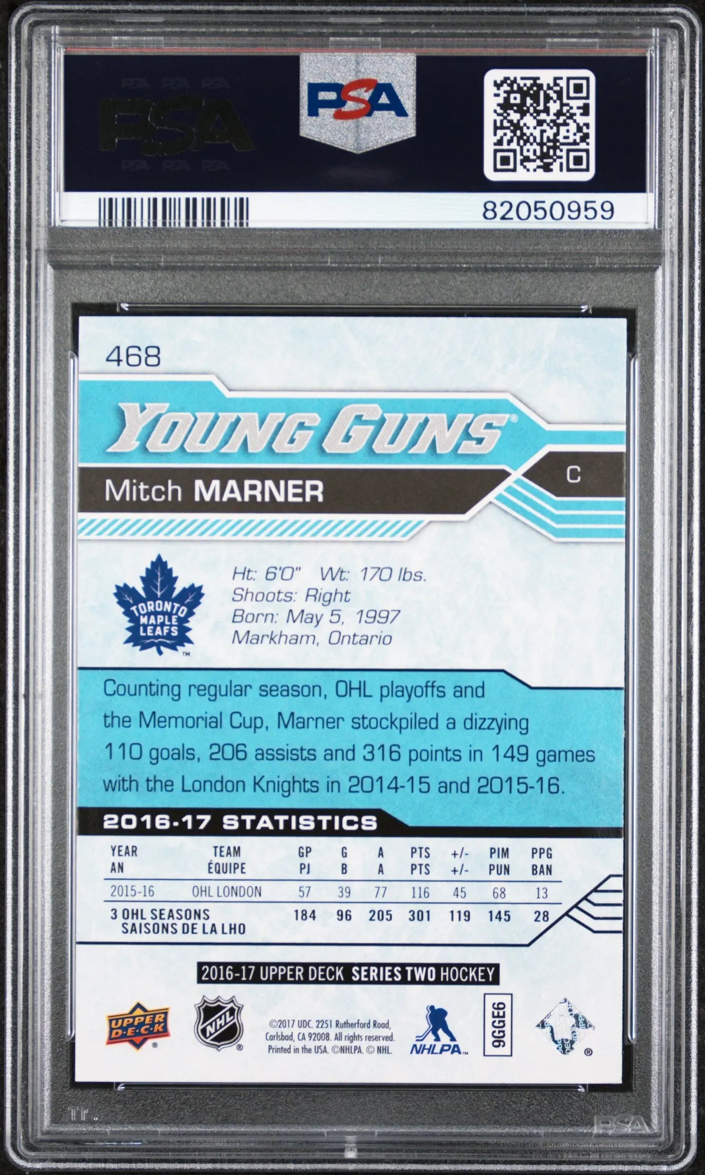 2016-17 Upper Deck Series Two Young Guns Rookie Mitch Marner RC PSA 9 