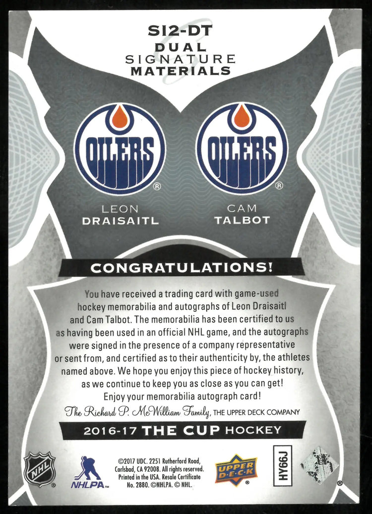 2016-17 Upper Deck The Cup Dual Signature Materials Patch Auto Draisaitl Talbot /35 