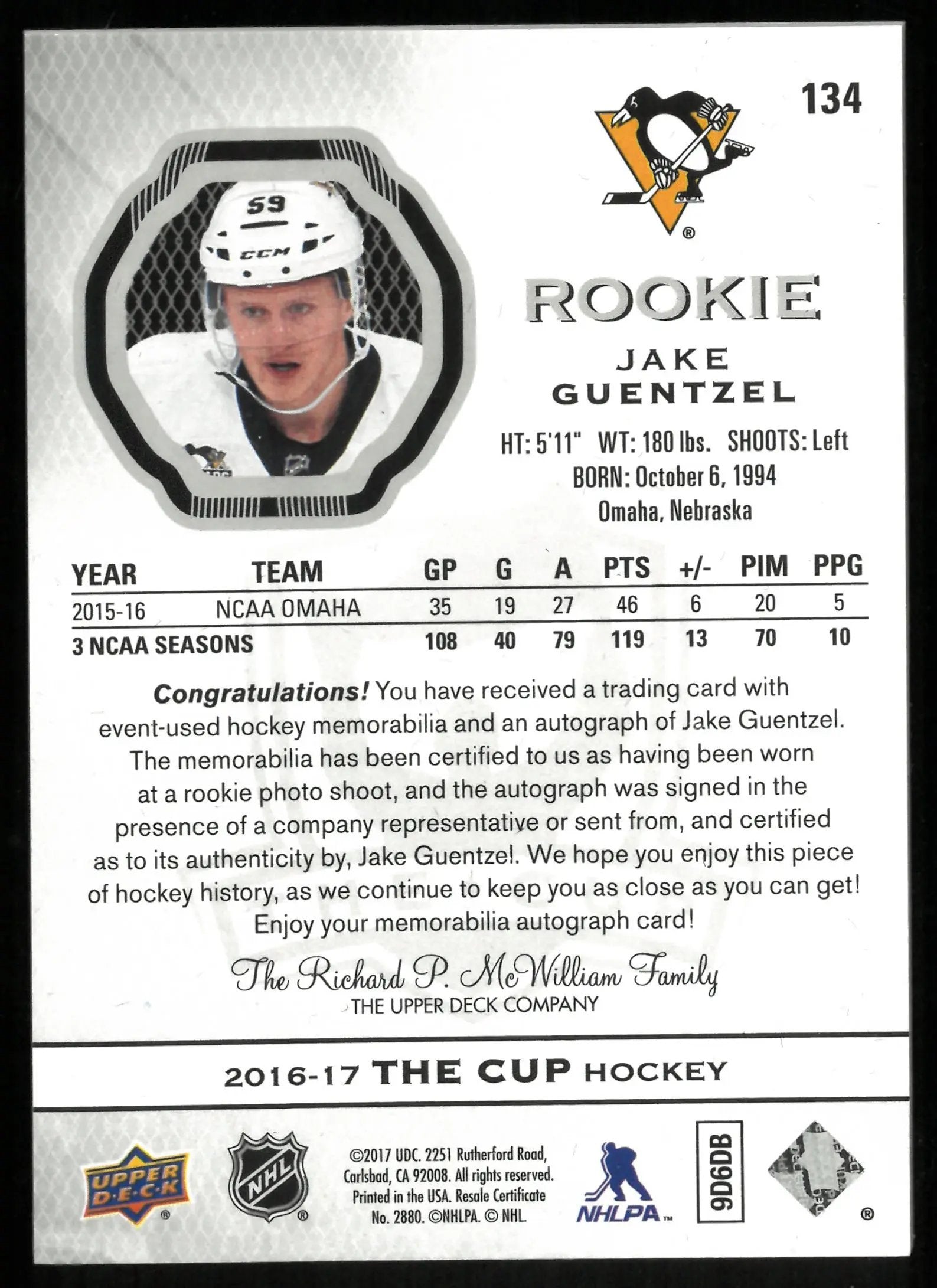 2016-17 Upper Deck The Cup Jake Guentzel RC Rookie Patch Auto /249 