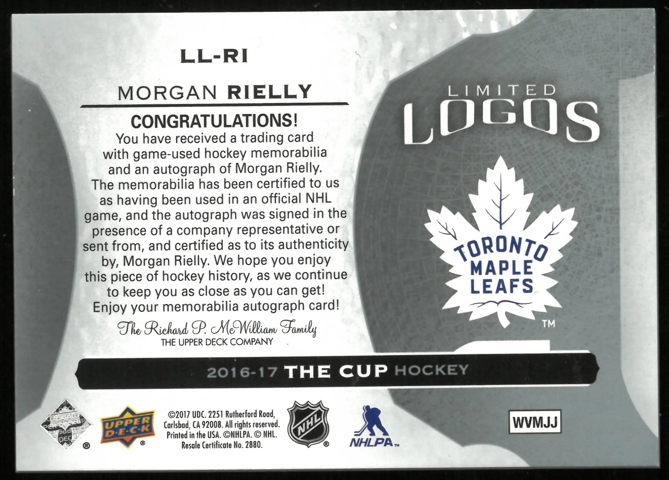 2016-17 Upper Deck The Cup Limited Logos 2 Color Patch Auto Morgan Rielly /50 