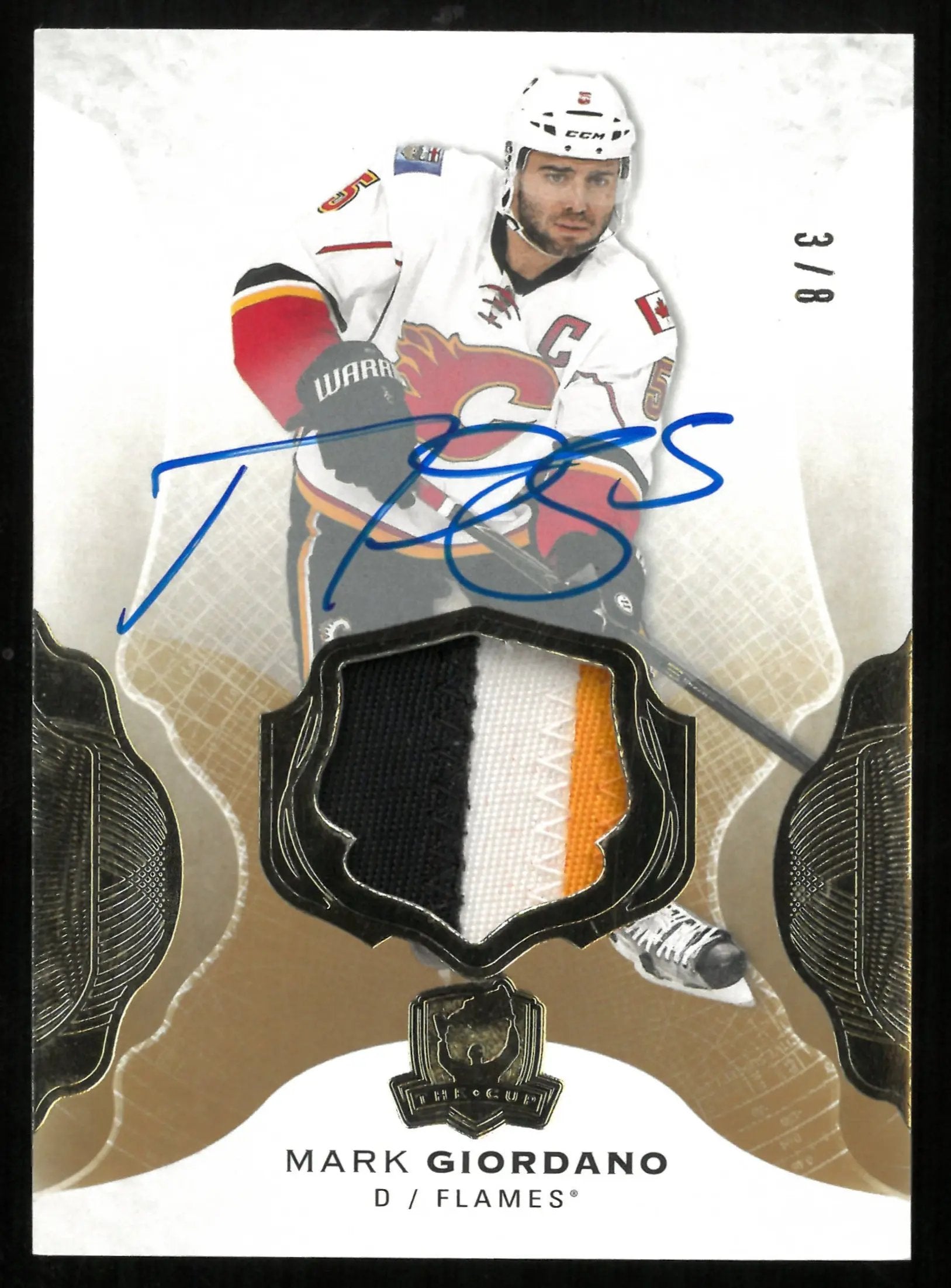 2016-17 Upper Deck The Cup Mark Giordano Gold Foil 3 Color Patch Auto /8 