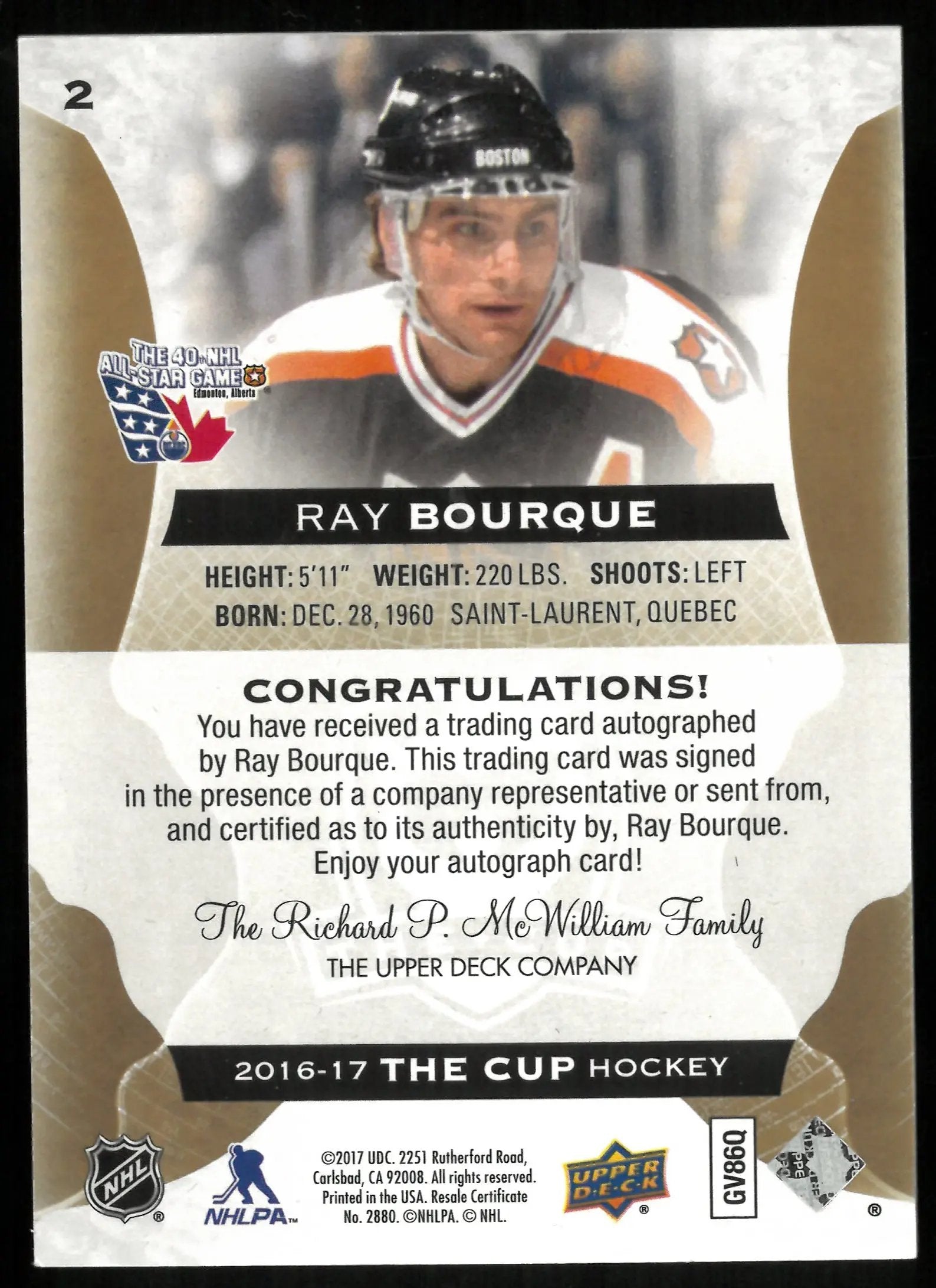 2016-17 Upper Deck The Cup Ray Bourque Gold Foil Auto Autograph /12 
