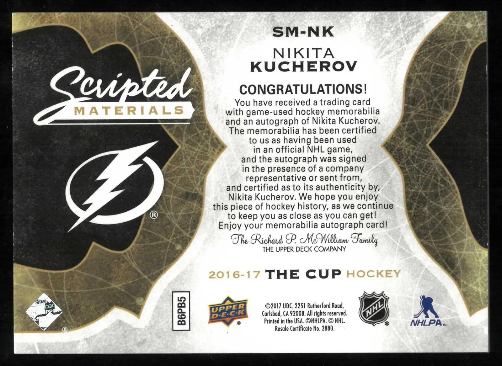 2016-17 Upper Deck The Cup Scripted Material Patch Autograph Nikita Kucherov /35 