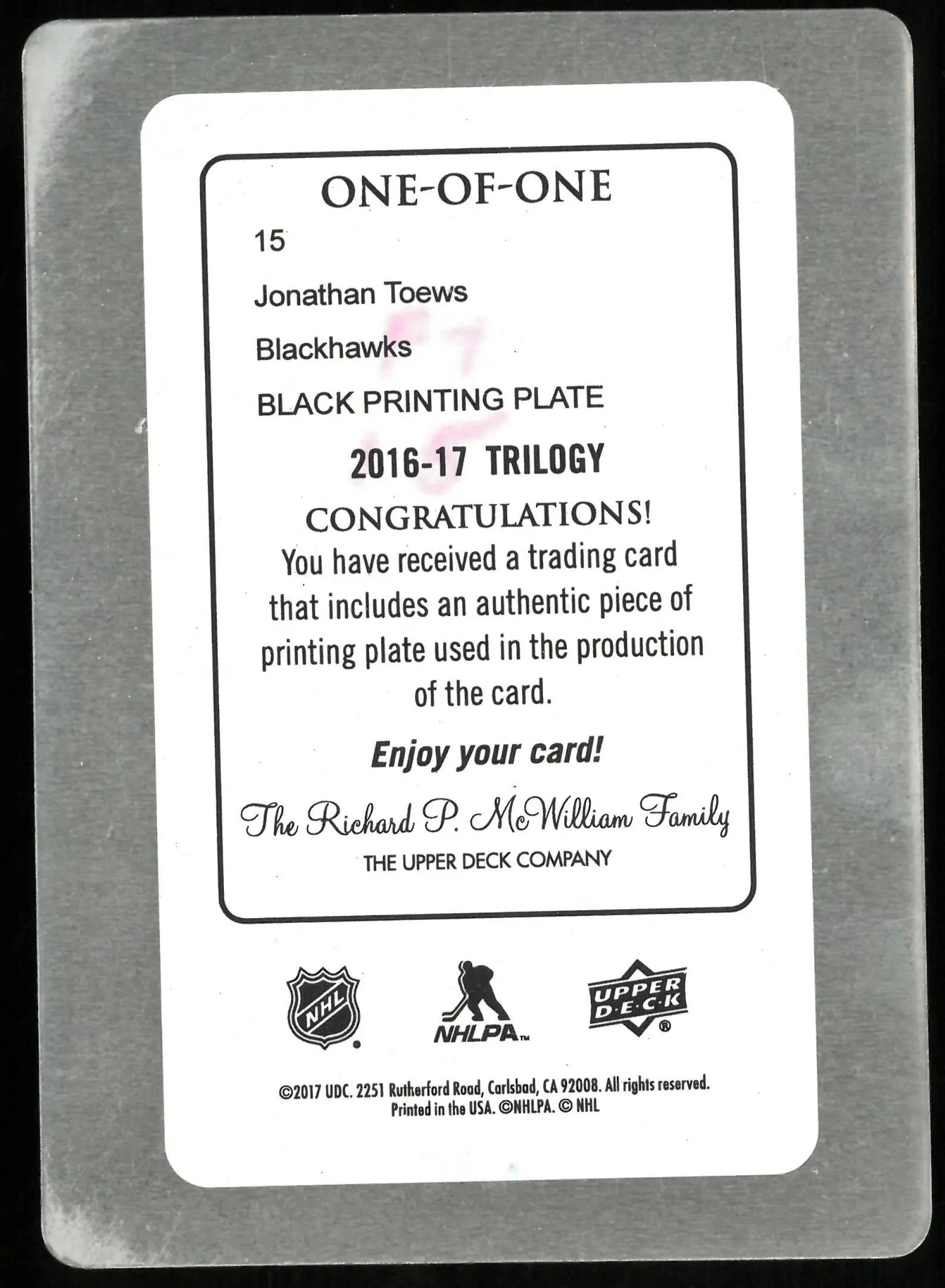 2016-17 Upper Deck Trilogy Jonathan Toews Black Printing Plate 1/1 