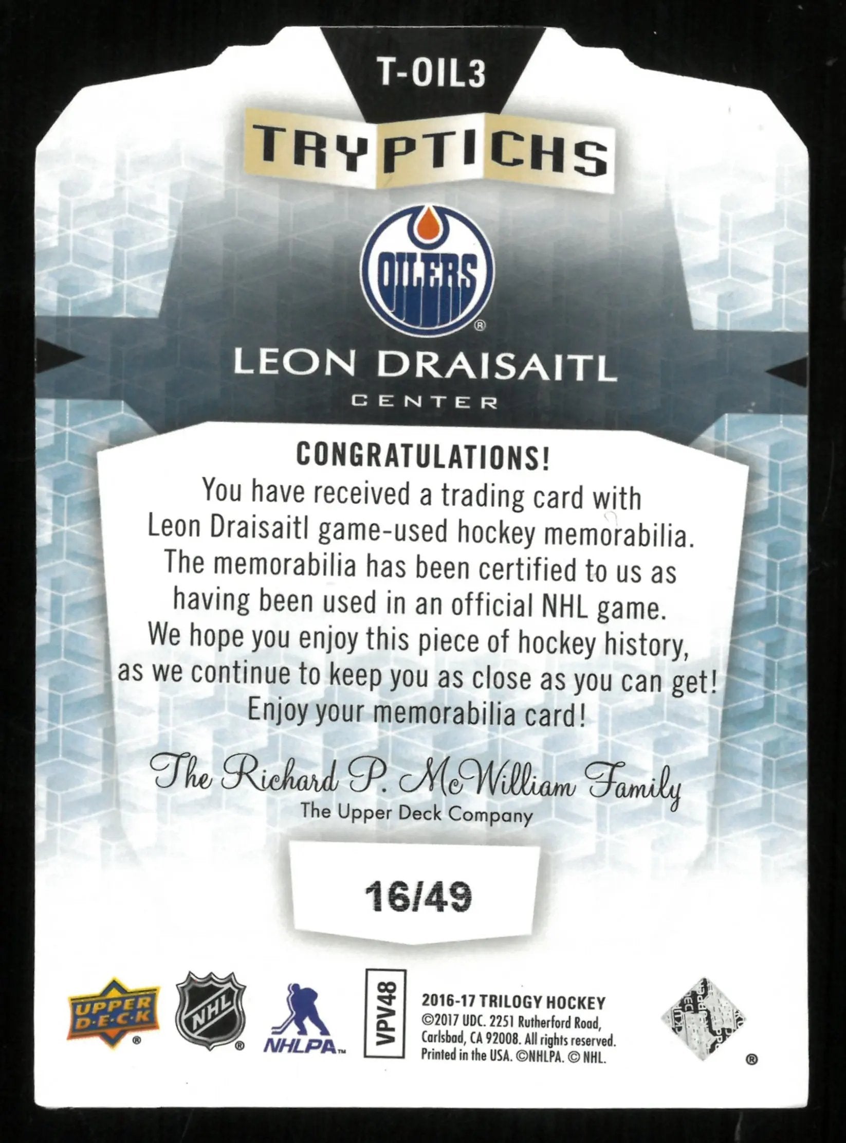 2016-17 Upper Deck Trilogy Leon Draisaitl Tryptchs Premium 3 Color Patch /49 