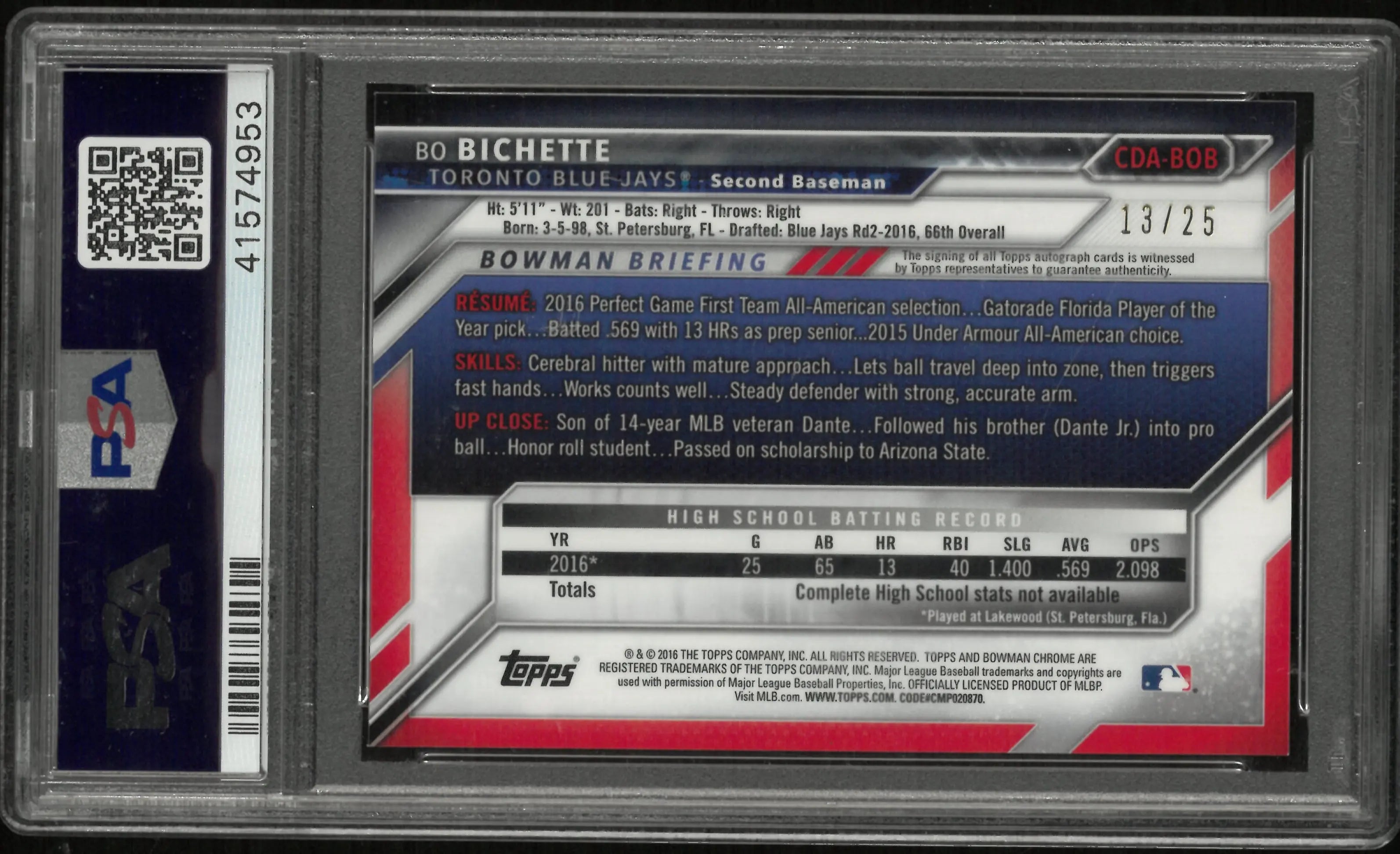 2016 1st Bowman Chrome Auto Bo Bichette RC Orange Refractor PSA 10 /25 