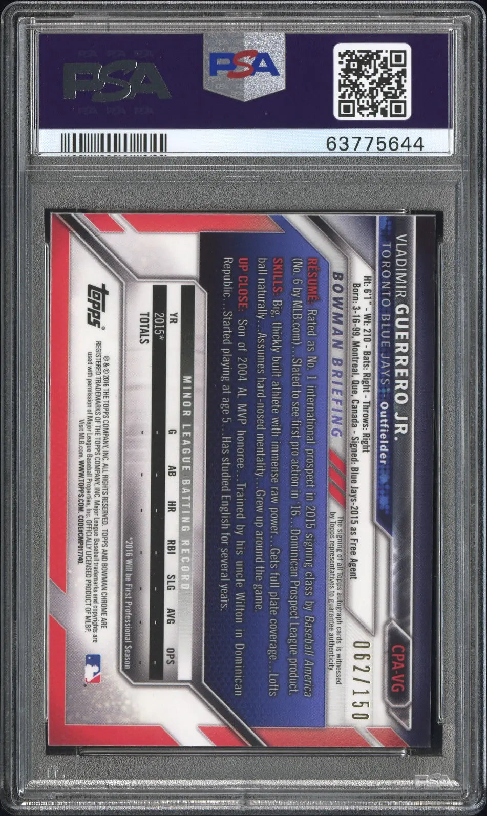 2016 1st Bowman Chrome Auto Vladimir Guerrero JR  RC Blue Refractor PSA 10 /150 