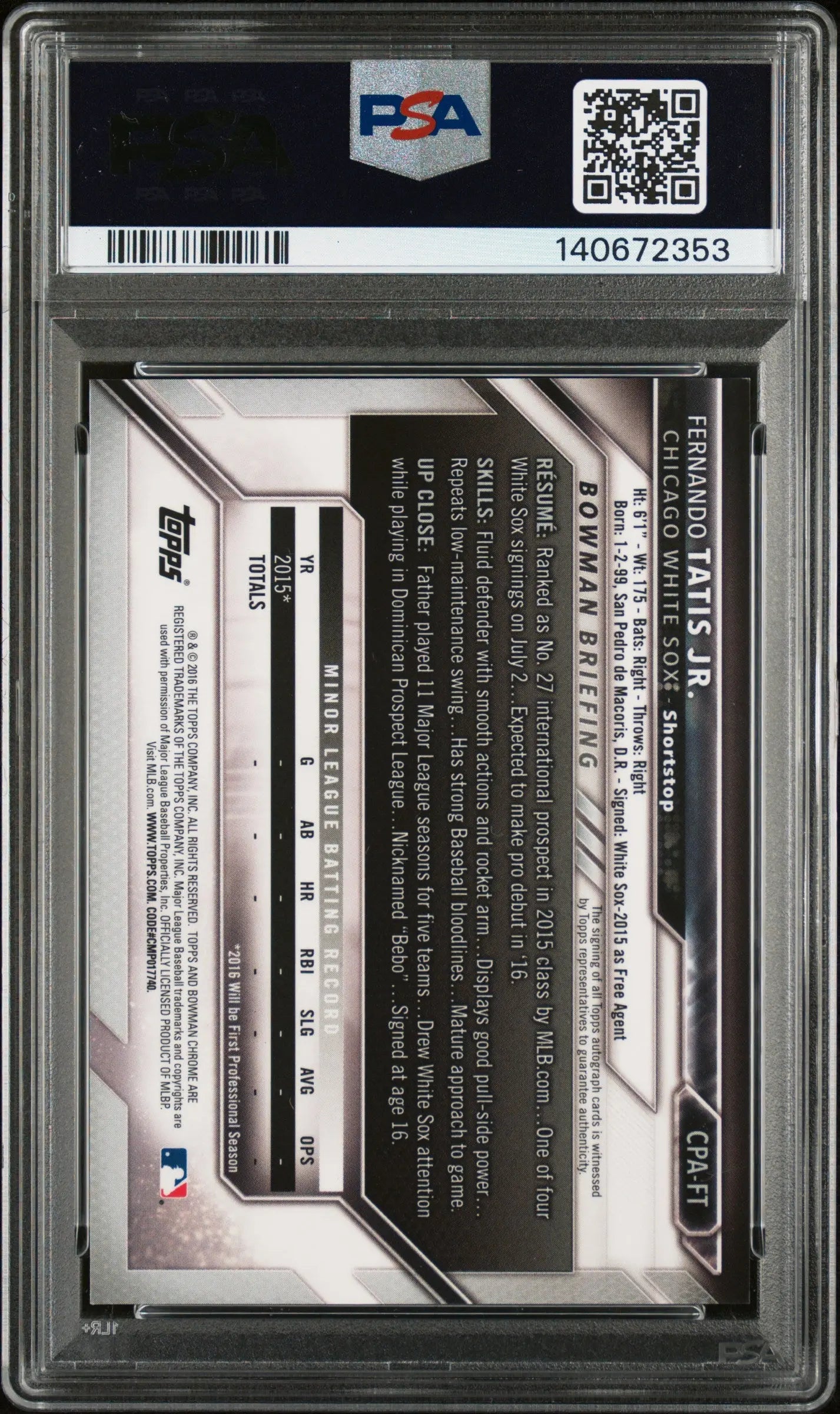 2016 1st Bowman Chrome Prospects Autograph Auto Fernando Tatis JR. RC PSA 9 
