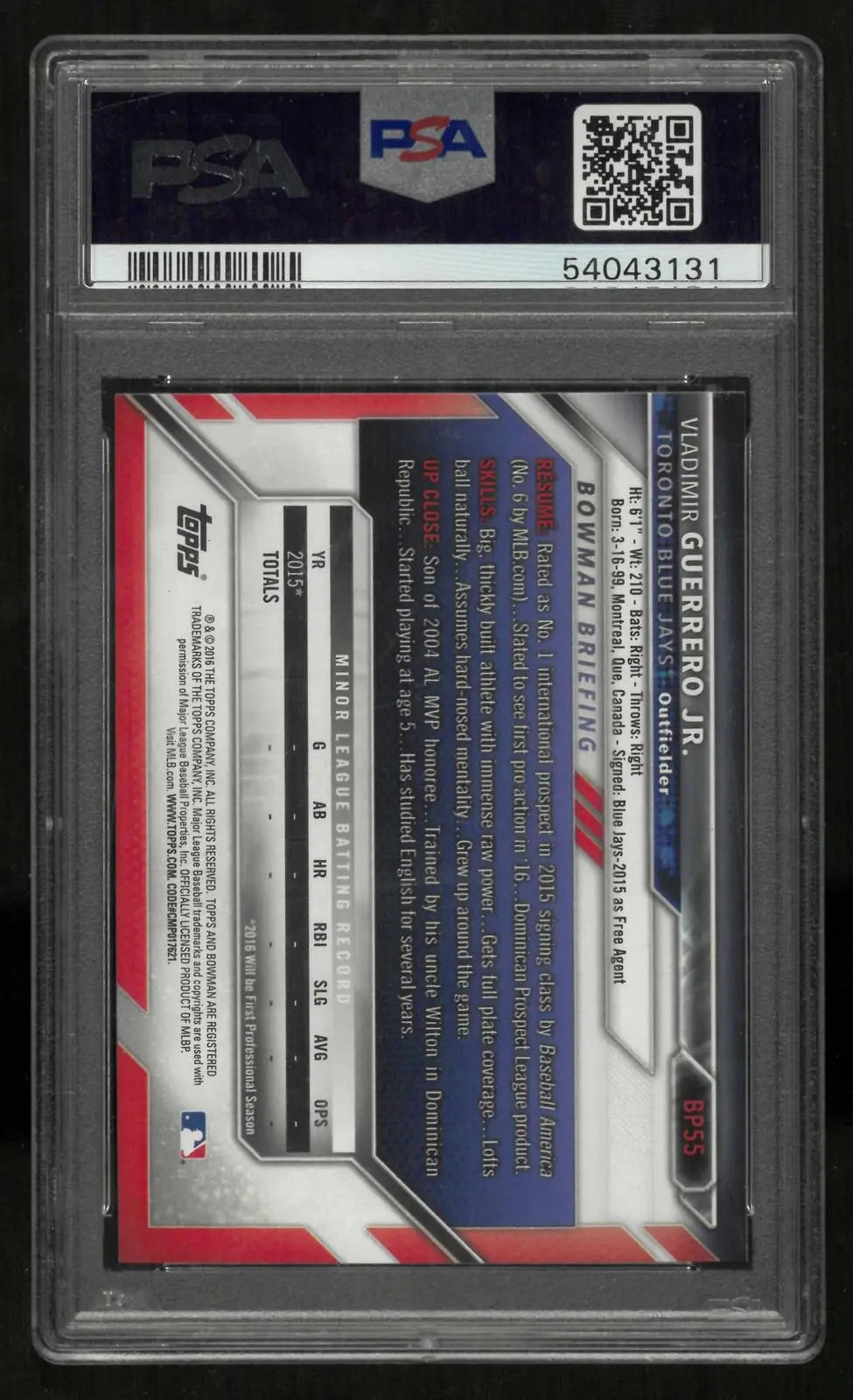 2016 1st Bowman Prospects First Vladimir Guerrero Jr. PSA 10 