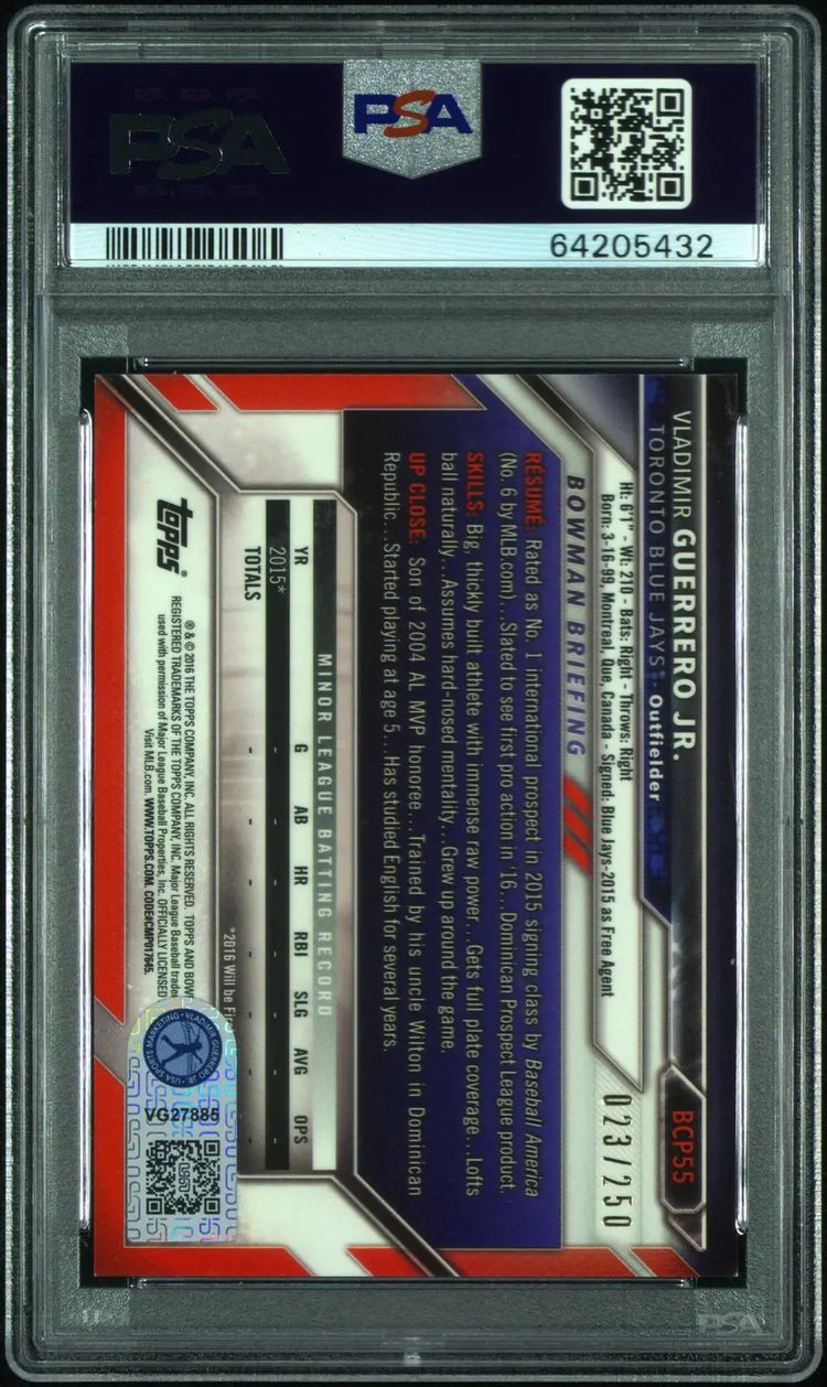 2016 1st Bowman Vladimir Guerrero Jr. Chrome Purple Ref. /250 Card Auto PSA Auth 
