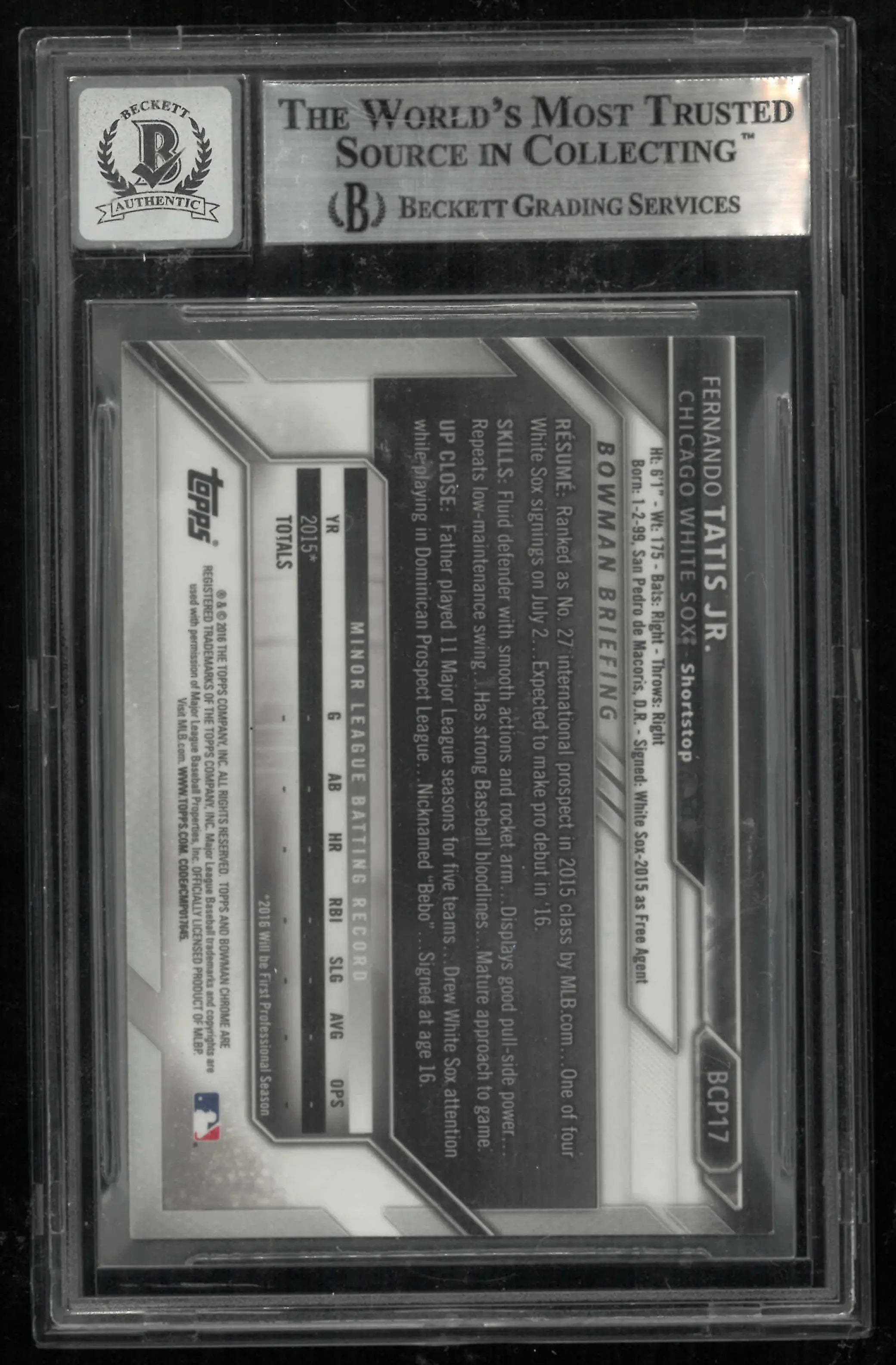 2016 Bowman Chrome Prospects Autograph Fernando Tatis Jr. Auto BGS 10 Auto 