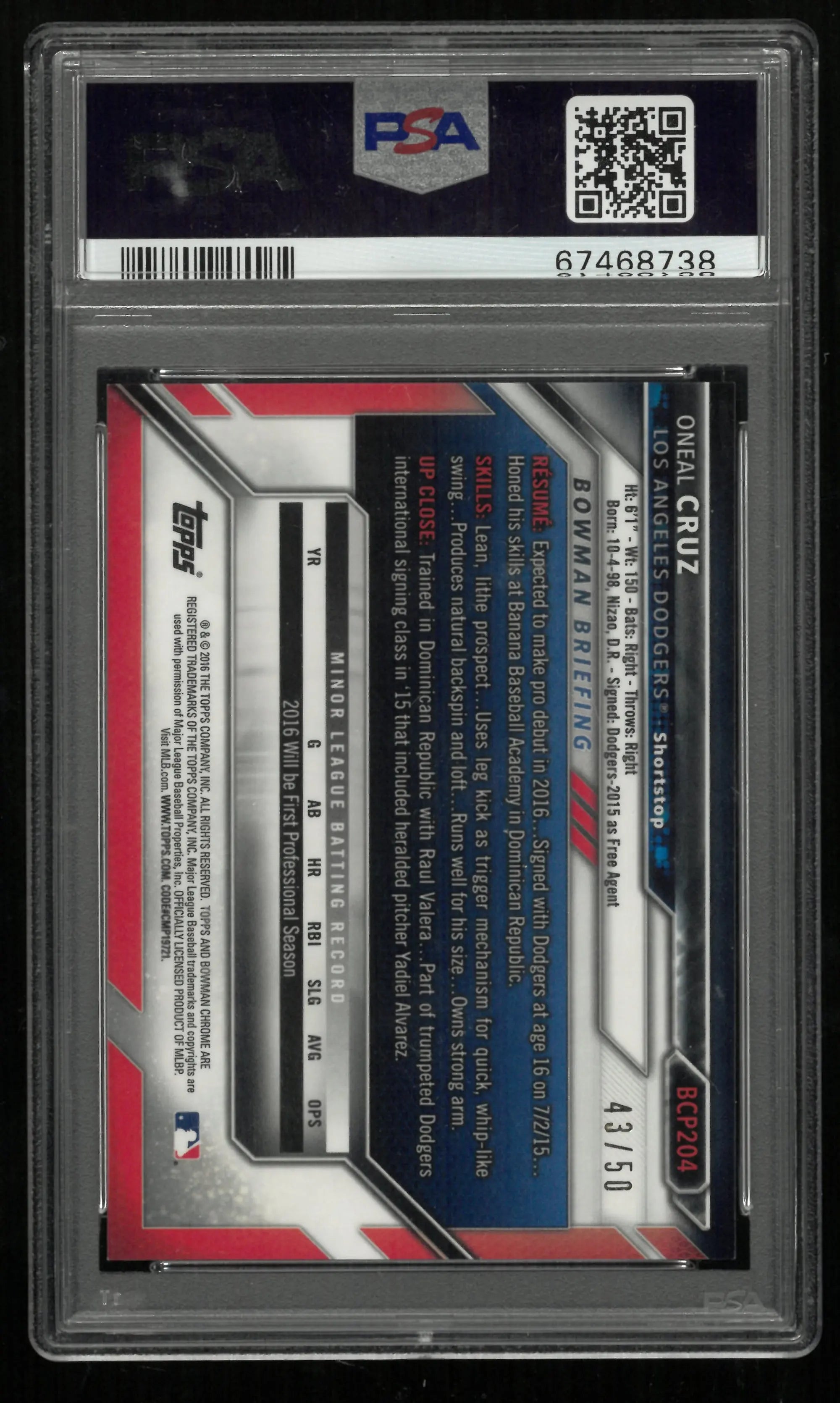 2016 Bowman Chrome Prospects Oneal Cruz #BCP204 Gold Refractor PSA 10 
