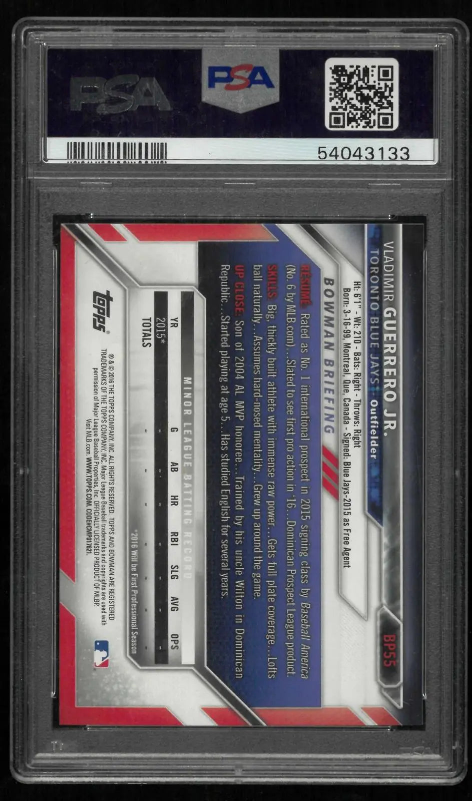 2016 Bowman Prospects Baseball 1st First Vladimir Guerrero Jr. PSA 10 