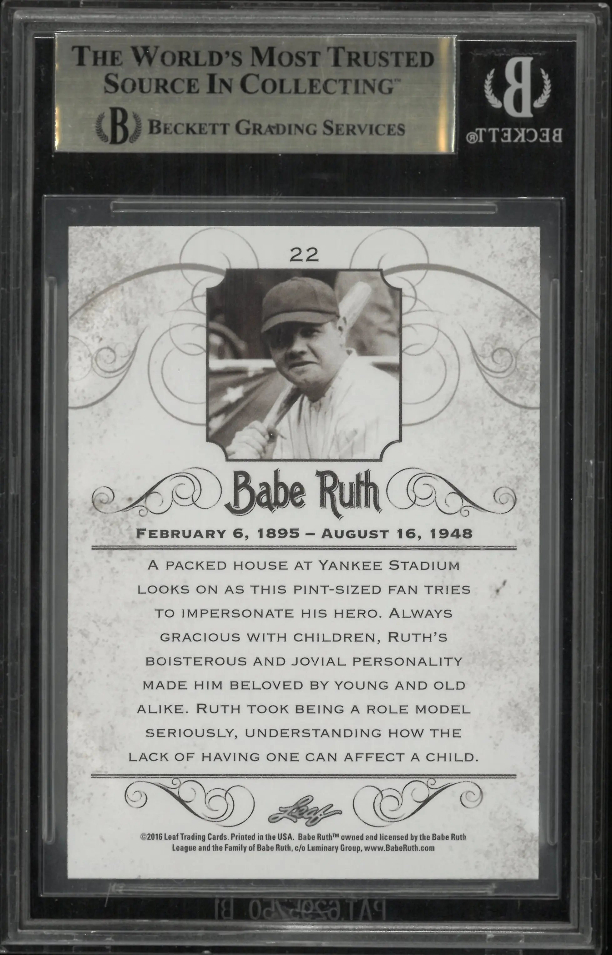 2016 Leaf Babe Ruth Collection Babe Ruth #22 BGS 10 