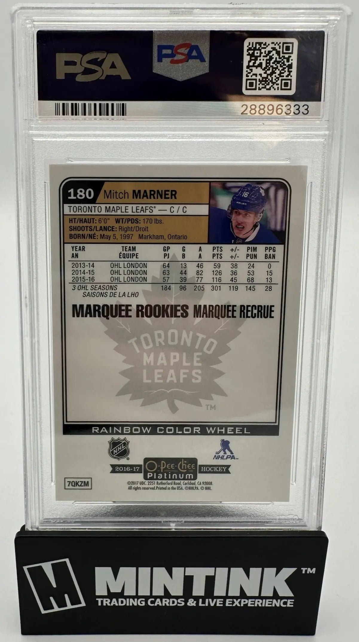 2016 O-Pee-Chee Platinum Rookie Mitch Marner Rainbow Color Wheel RC PSA 10 
