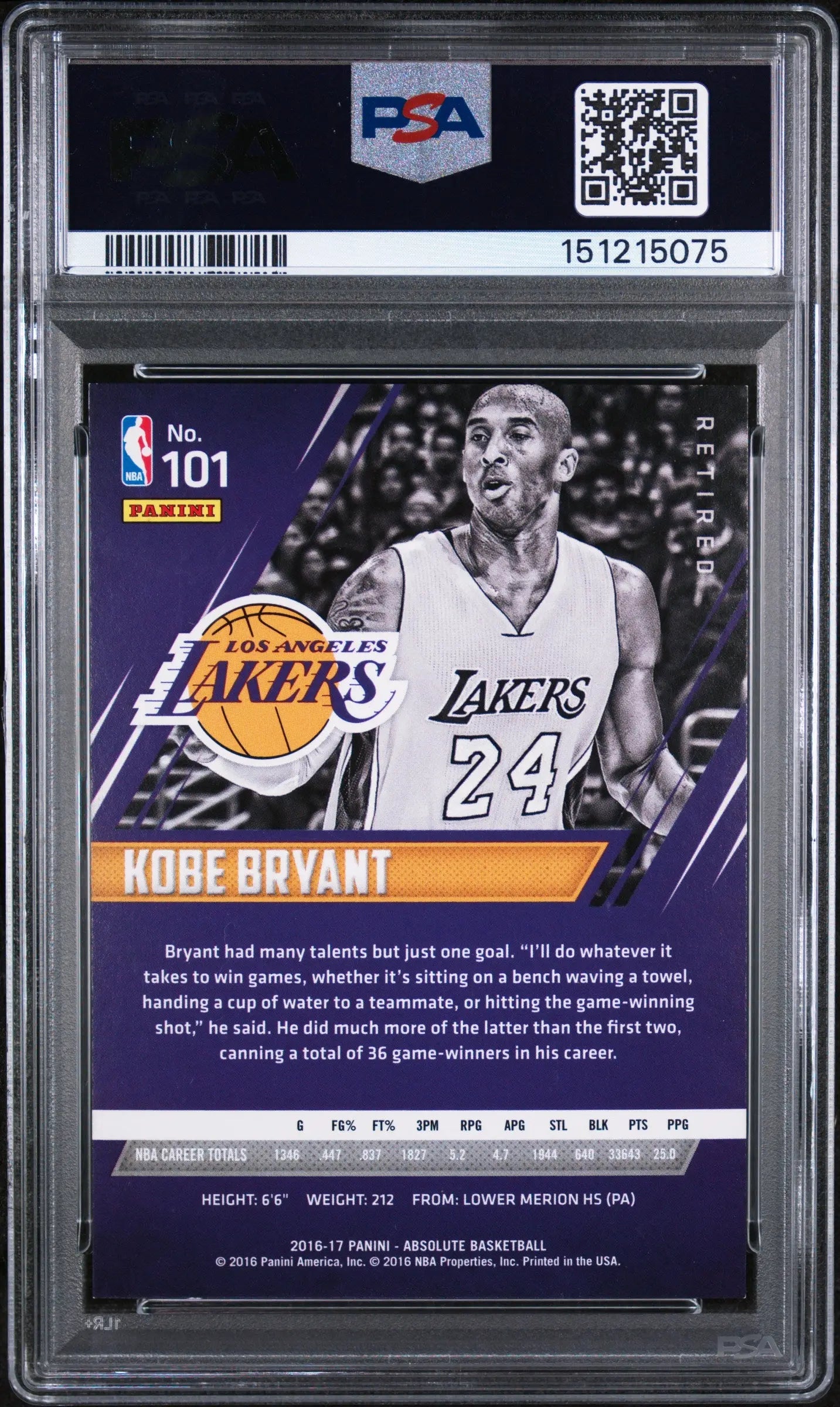 2016 Panini Absolute Kobe Bryant /999 PSA 8 
