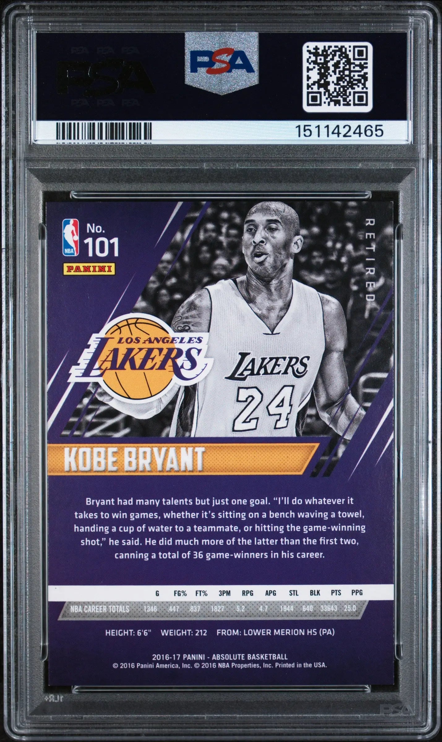2016 Panini Absolute Kobe Bryant /999 PSA 8 