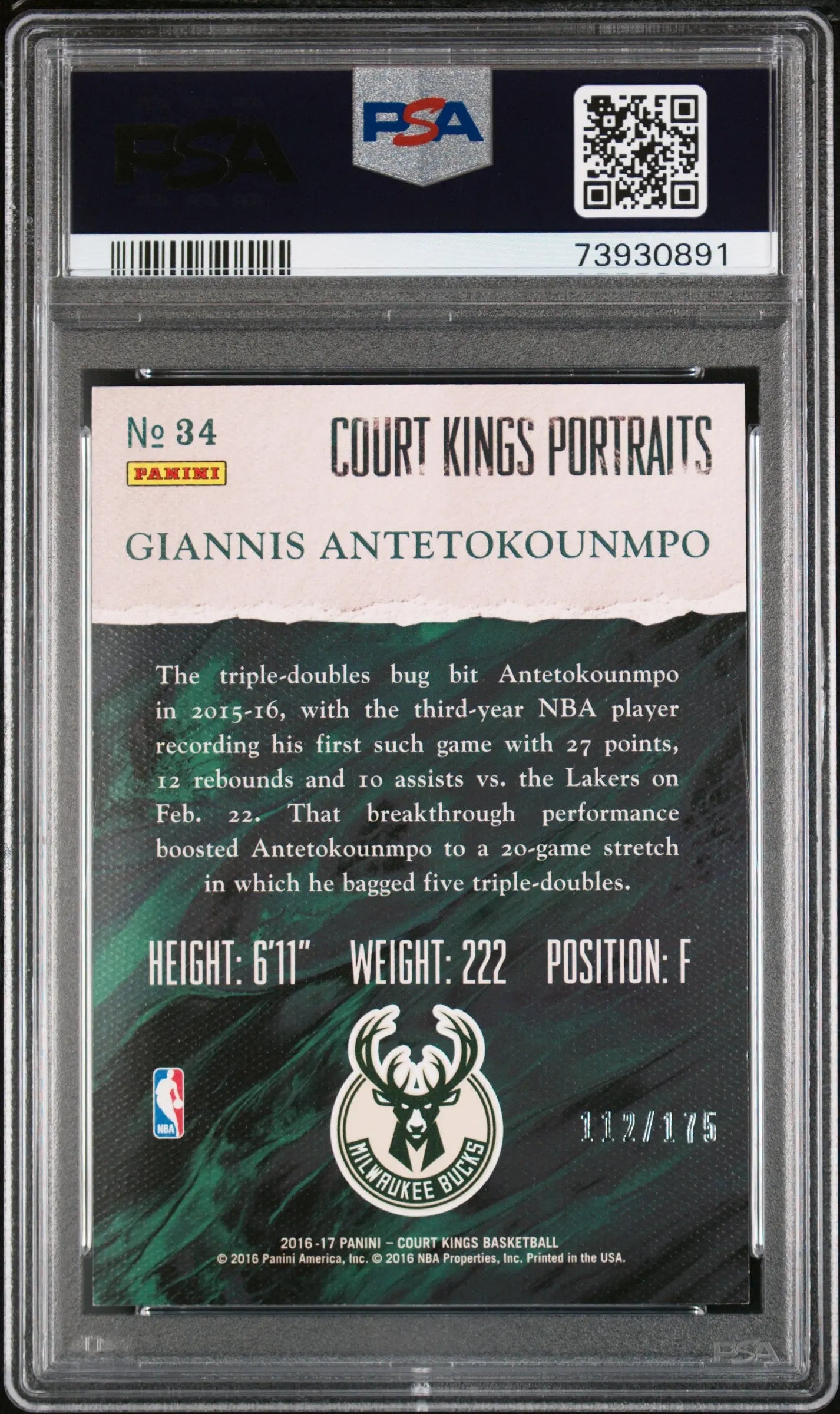 2016 Panini Court Kings Portraits Giannis Antetokounmpo PSA 9 
