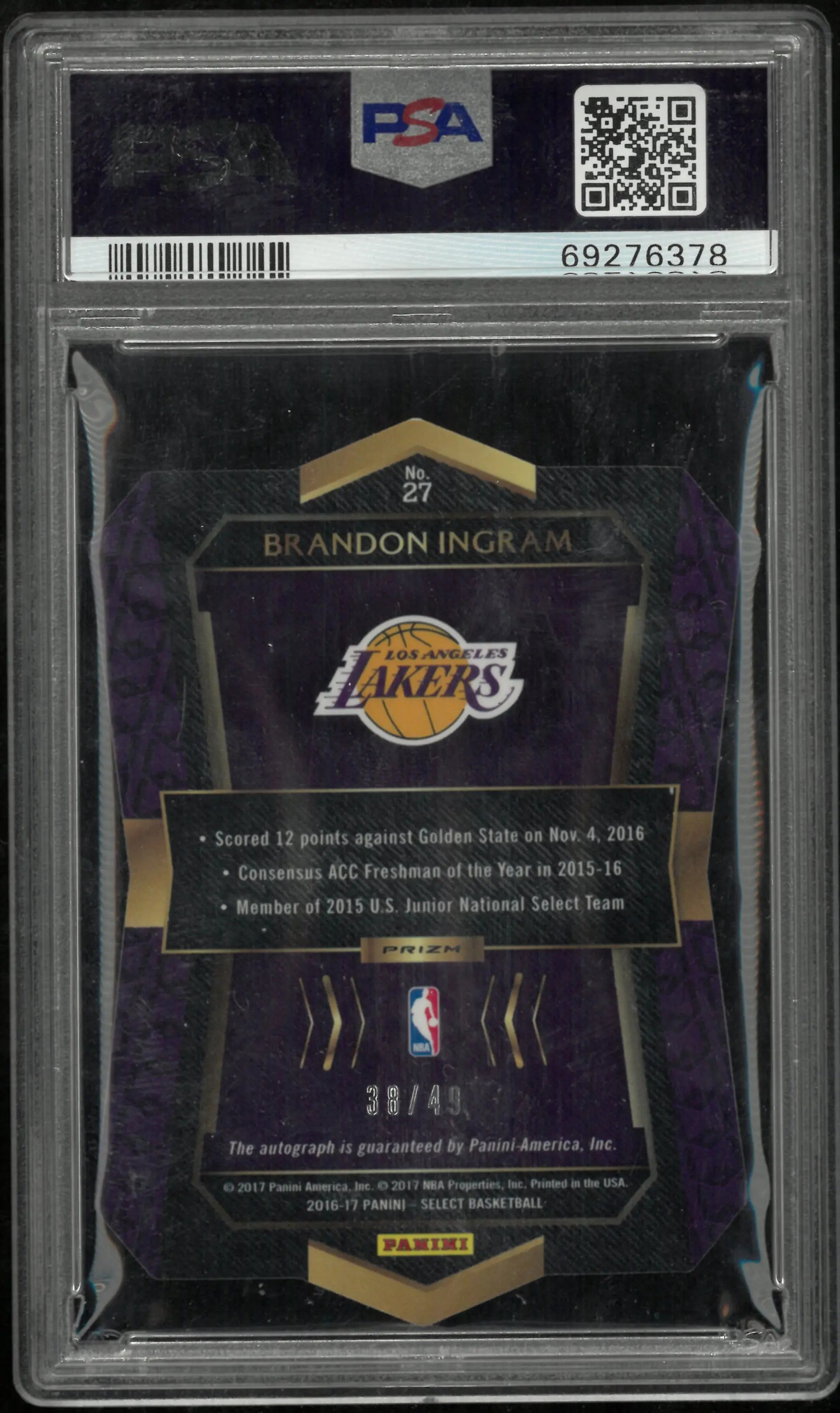 2016 Panini Die-Cut RC Rookie Auto Brandon Ingram Scope PSA 10 /49 