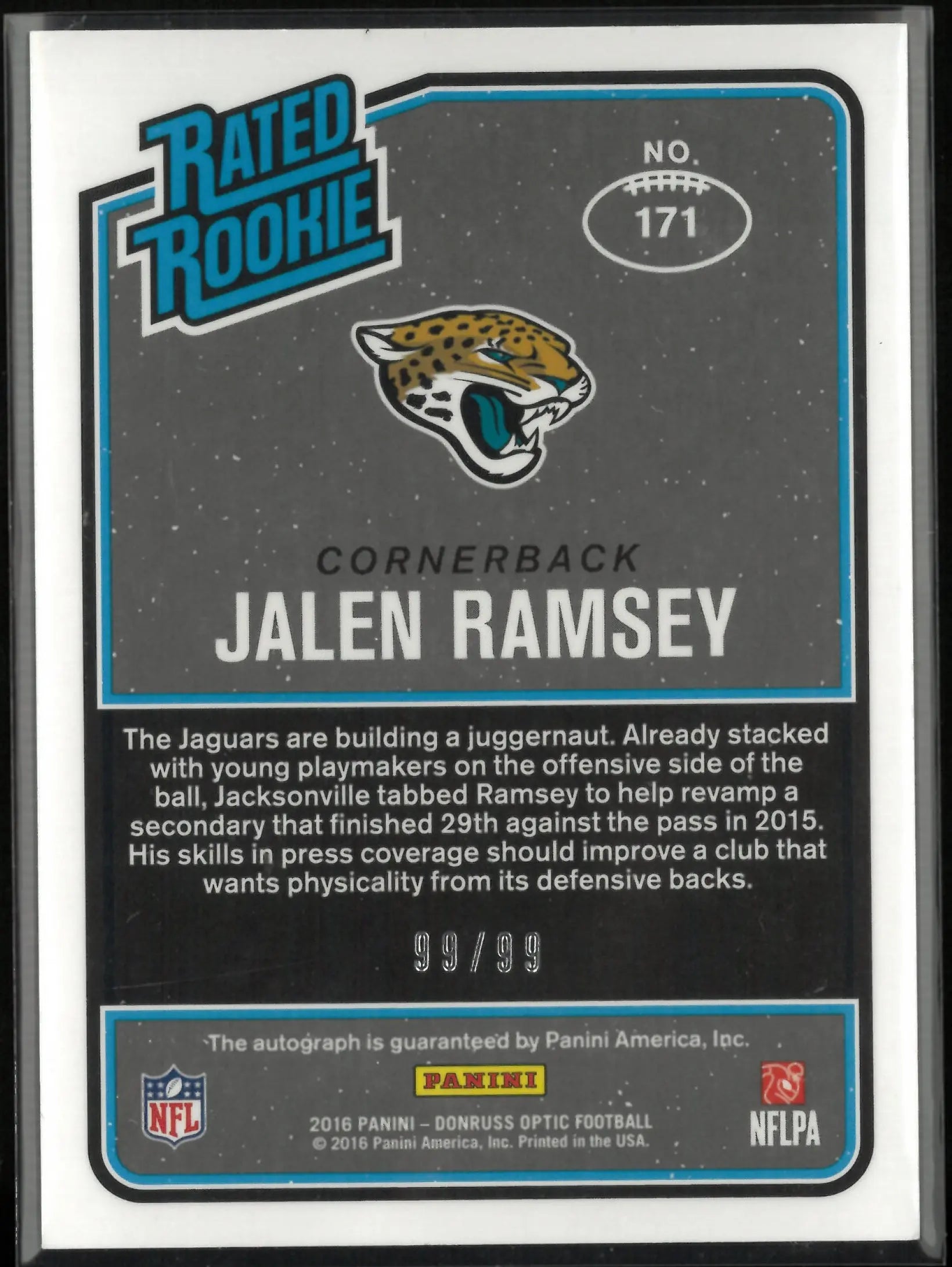 2016 Panini Donruss Rated Rookie Jalen Ramsey Autograph Auto RC /99 
