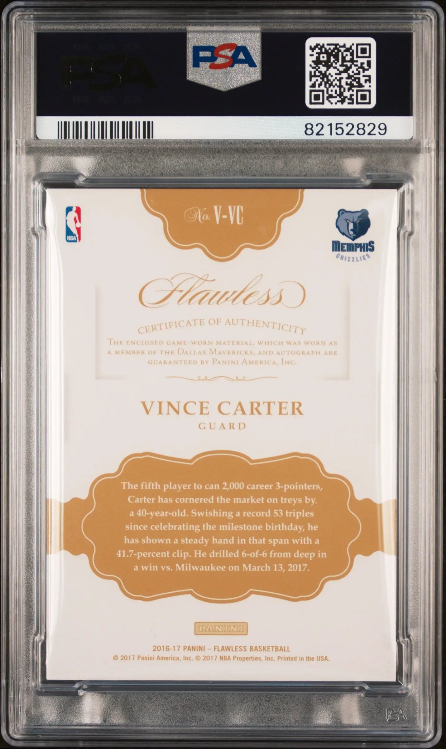2016 Panini Flawless Basketball Vertical Patch Auto Vince Carter PSA 7 15/25 