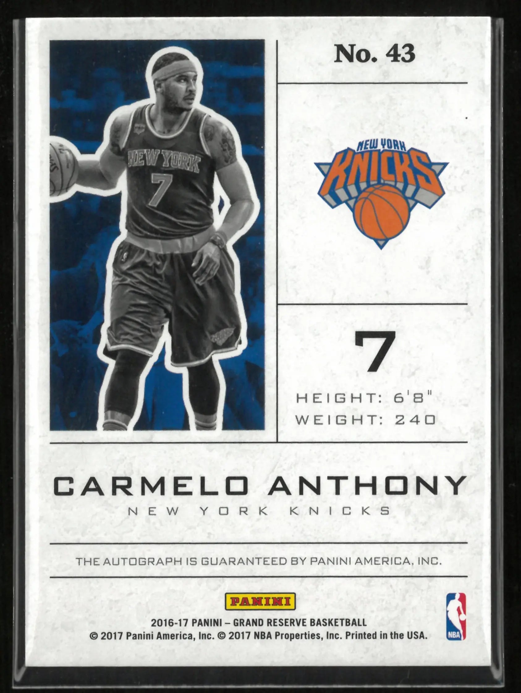 2016 Panini Grand Reserve Upper Tier Signature Carmelo Anthony 16/25 