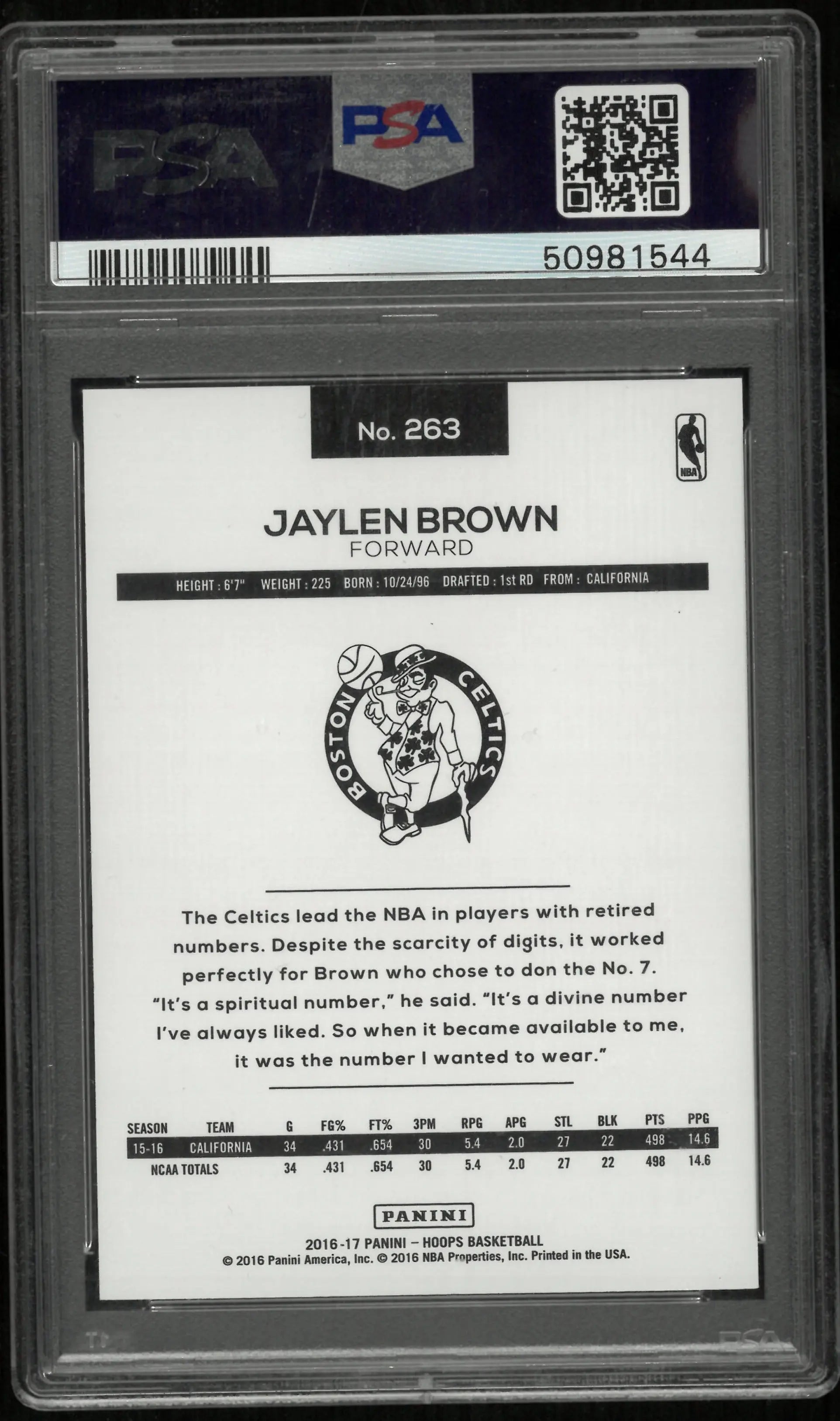 2016 Panini Hoops Jaylen Brown #263 PSA 10 