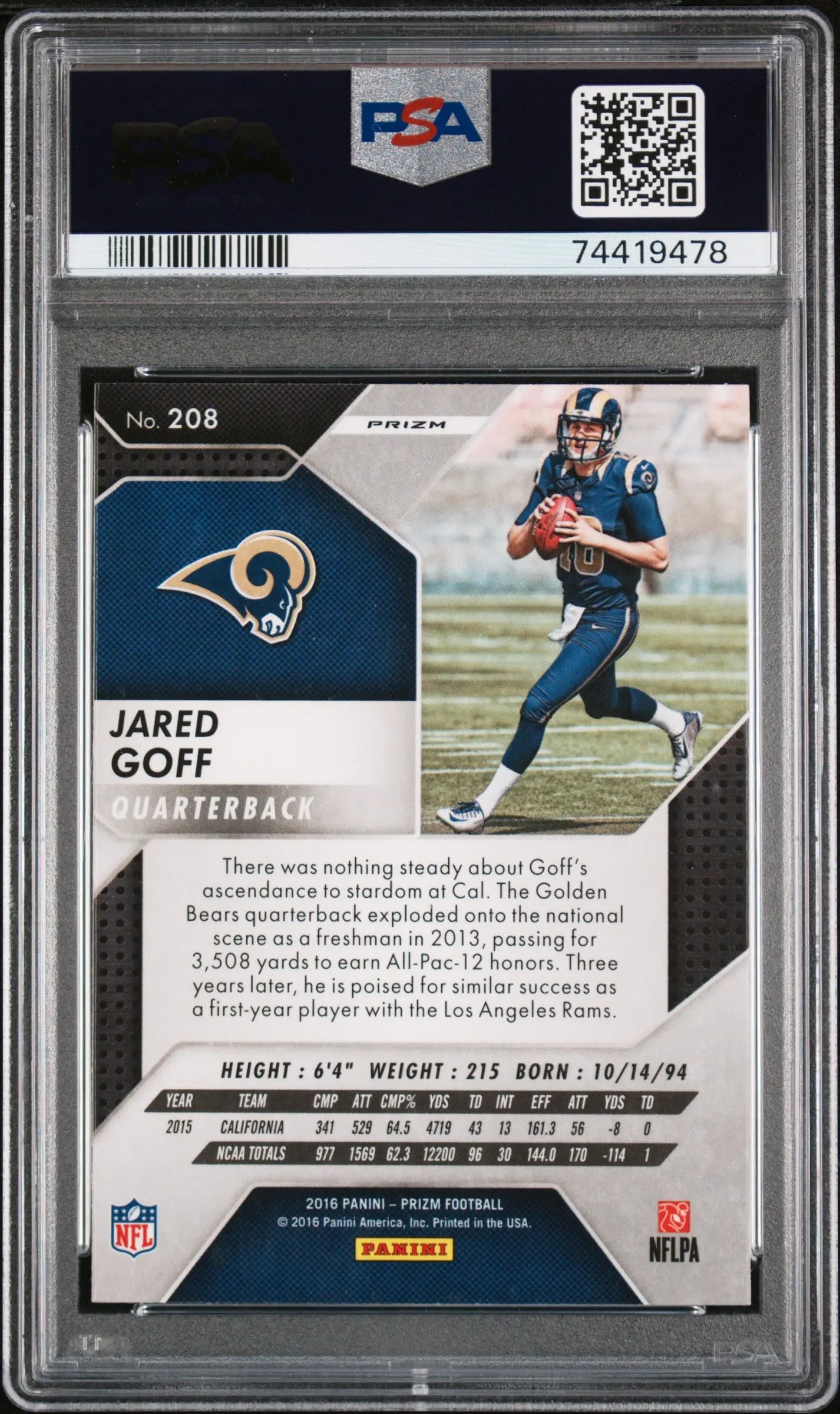 2016 Panini Prizm Jared Goff #208 Red White Blue Disco PSA 9 