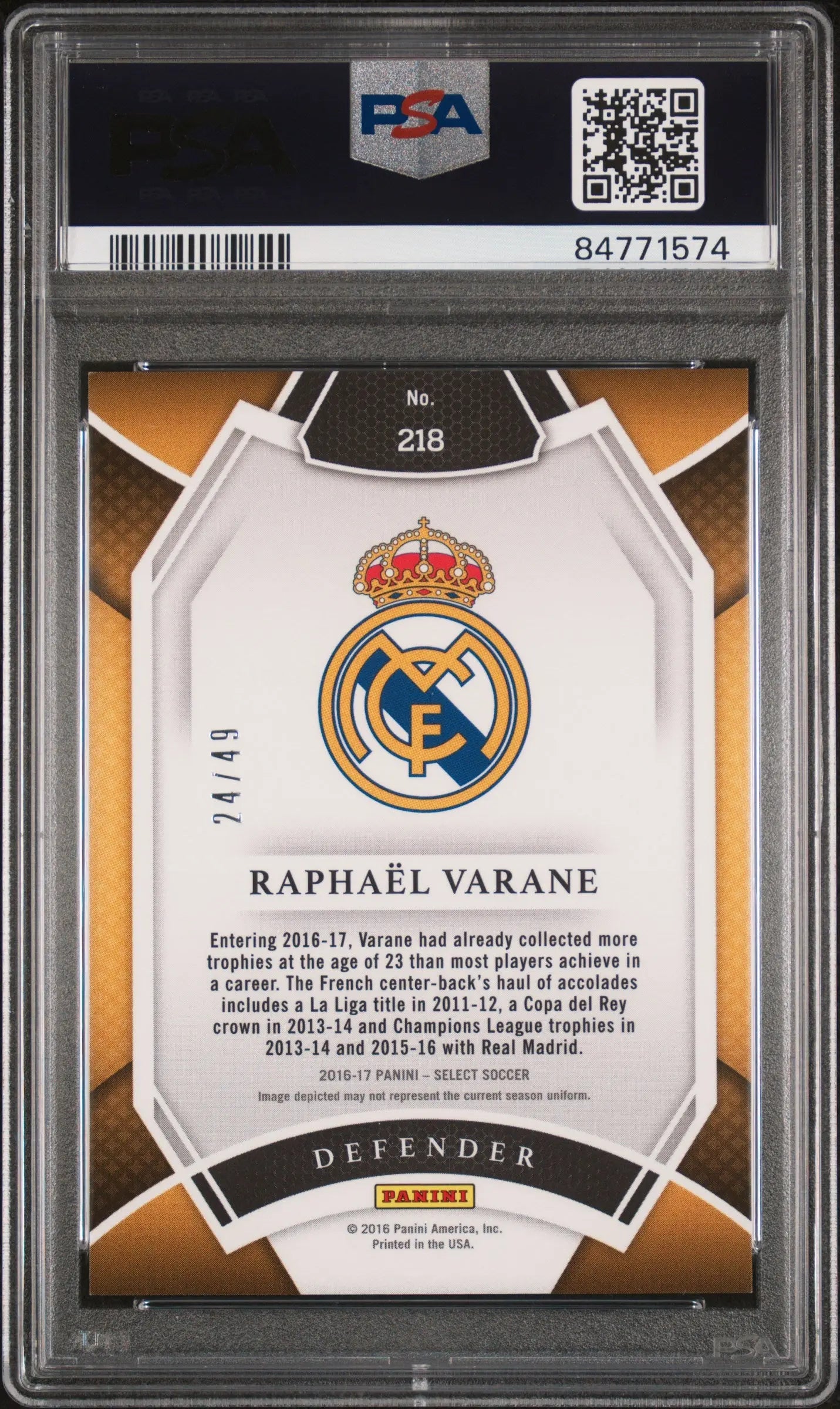 2016 Panini Select Raphael Varane Copper Prizm PSA 10 /49 