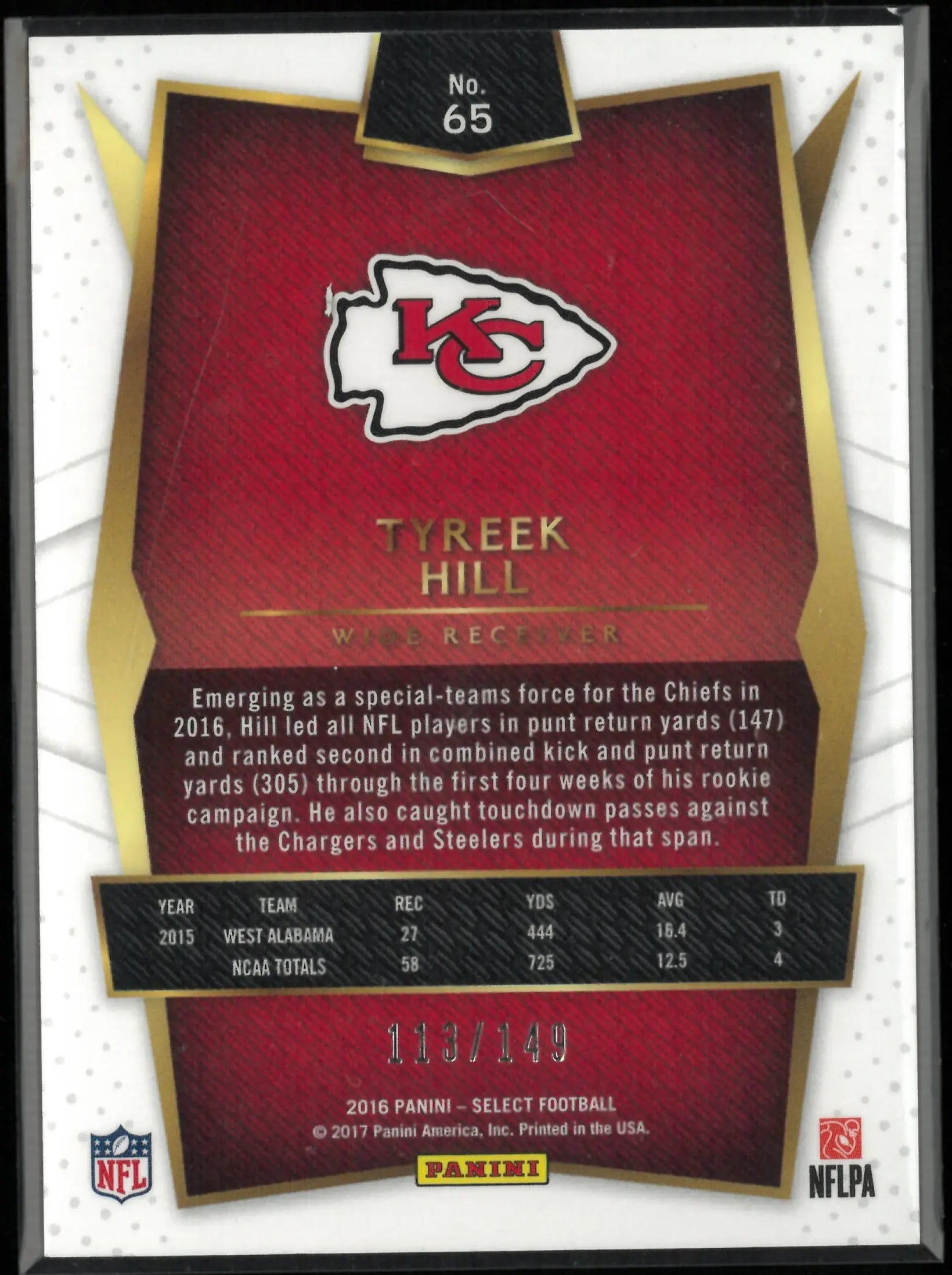 2016 Panini Select Tyreek Hill Rookie Blue RC /149 