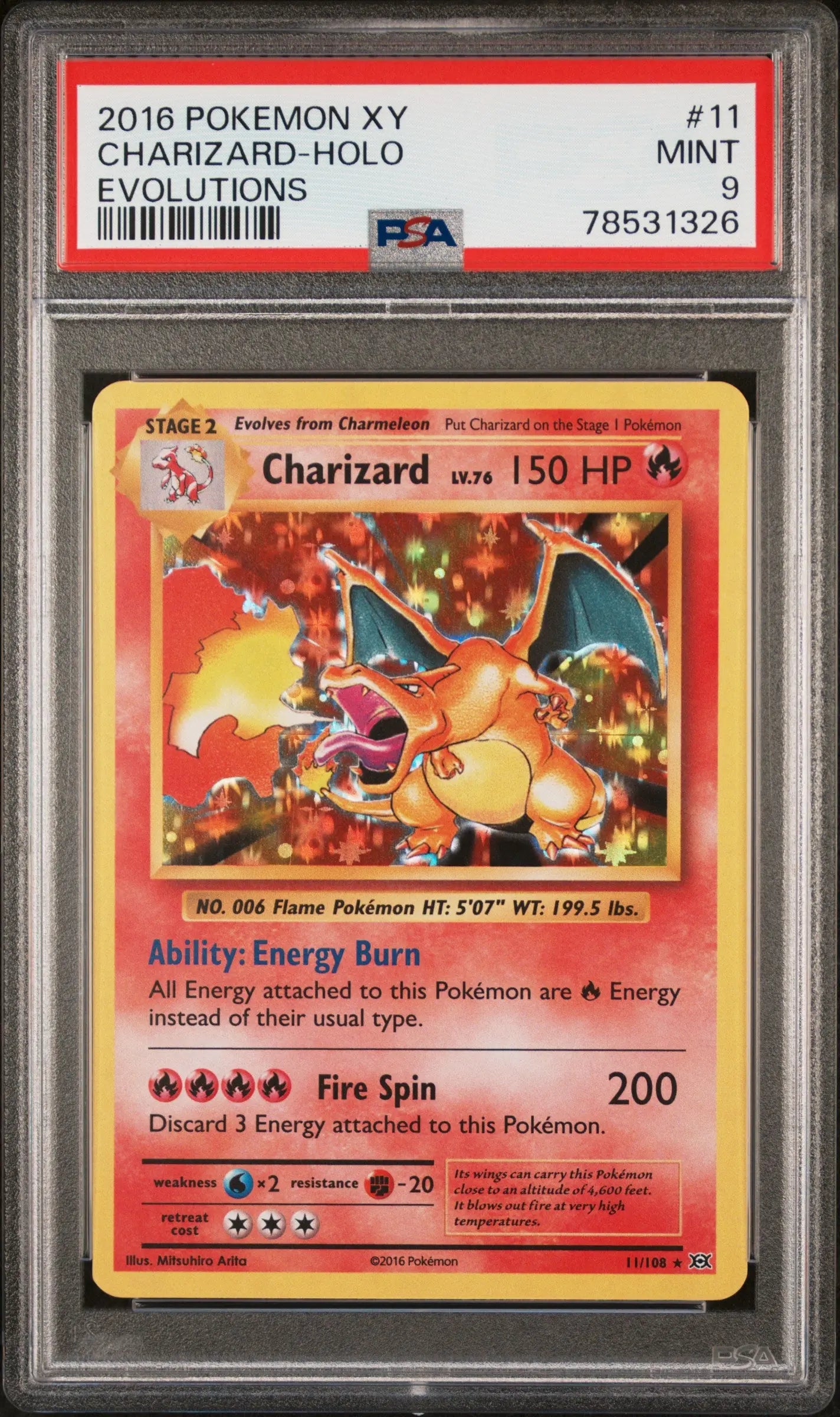 2016 Pokemon XY Evolutions Charizard Holo Evolutions PSA 9 11/108 