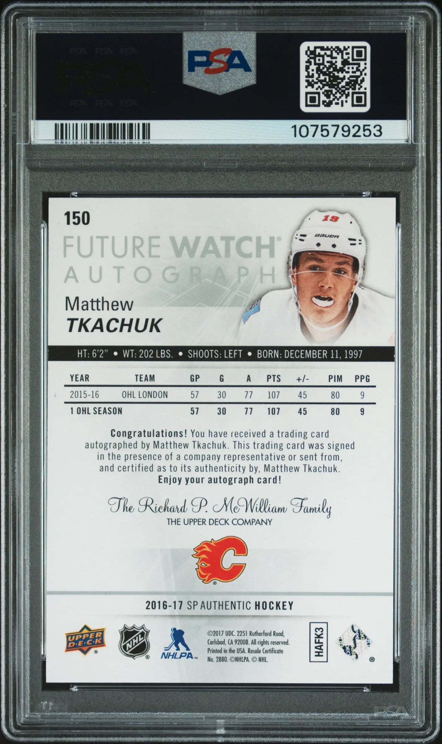 2016 Sp Authentic Future Watch Rookie  Autograph Matthew Tkachuk /999 RC PSA 10 