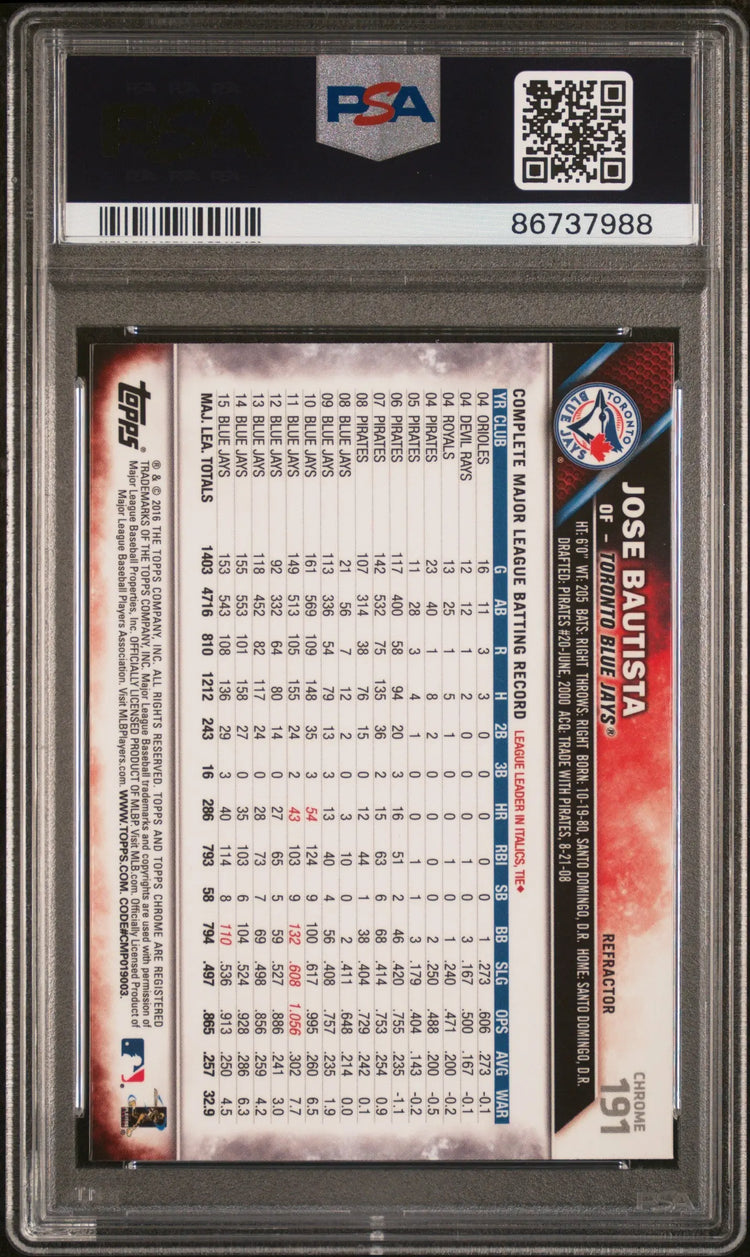 2016 Topps Chrome Baseball Jose Bautista #191 Refractor PSA 10 