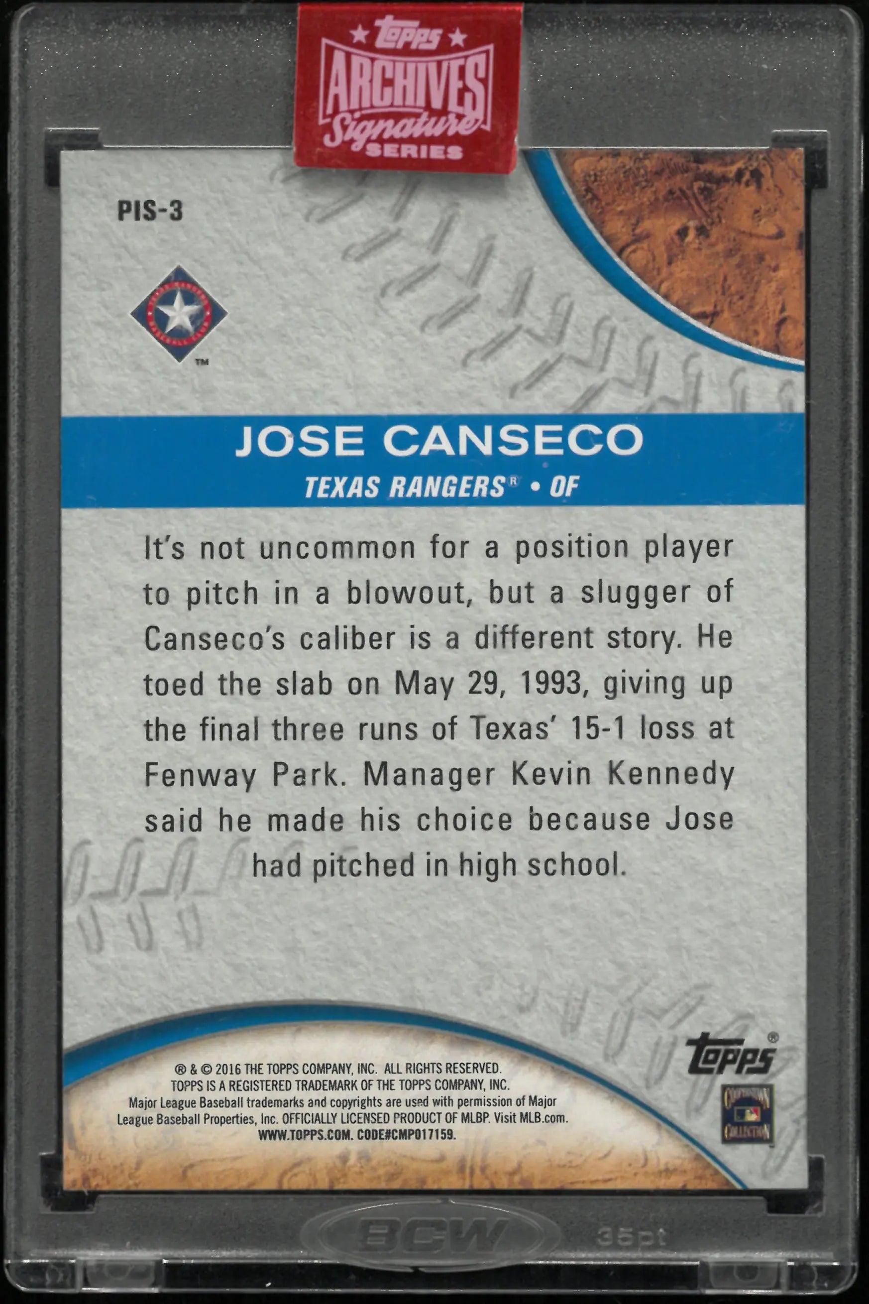 2016 Topps Pressed into Service Autograph Jose Canseco Auto Blue /23 