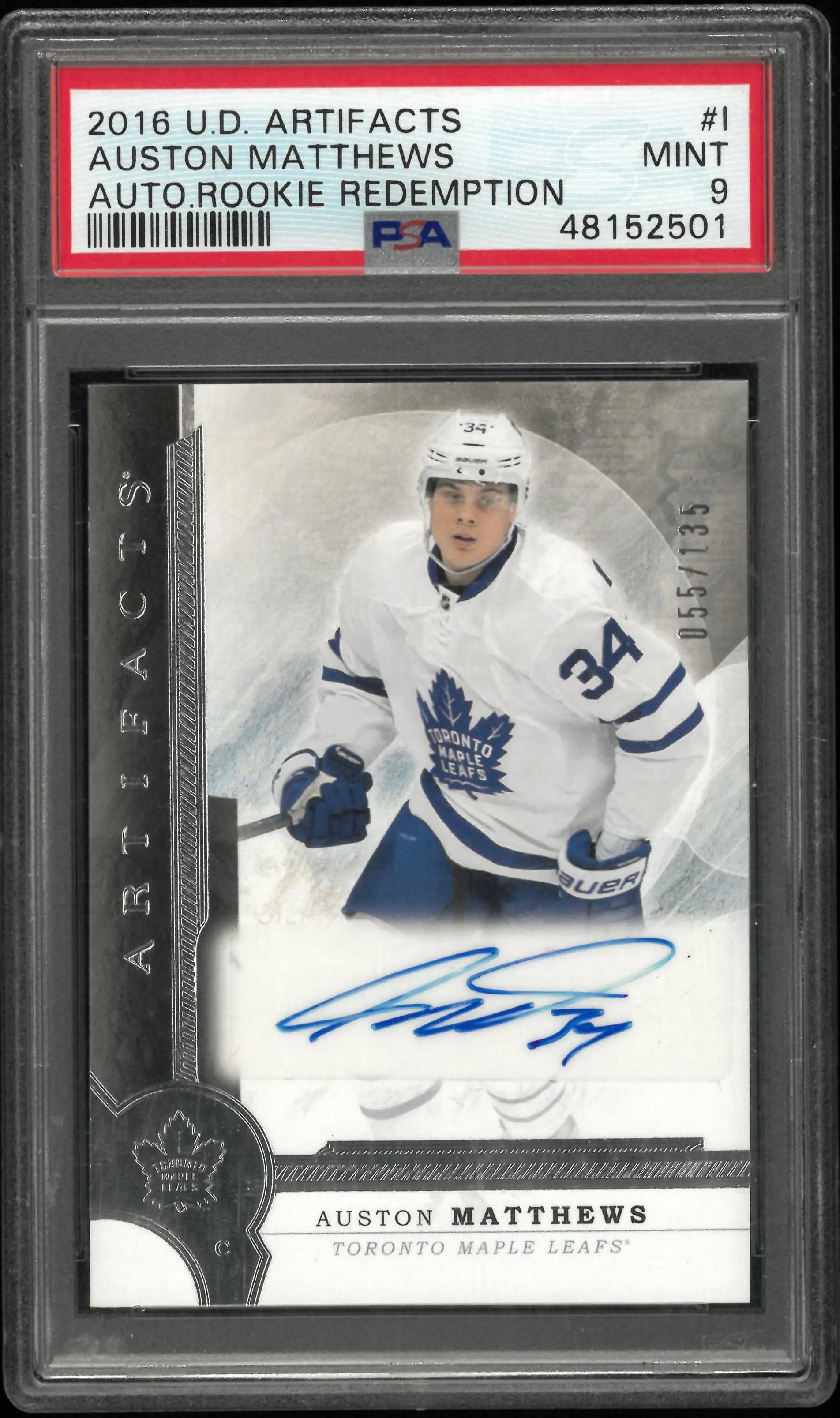2016 UD Artifacts Autograph Auto RC Rookie Redemption Auston Matthews PSA 9 /135 