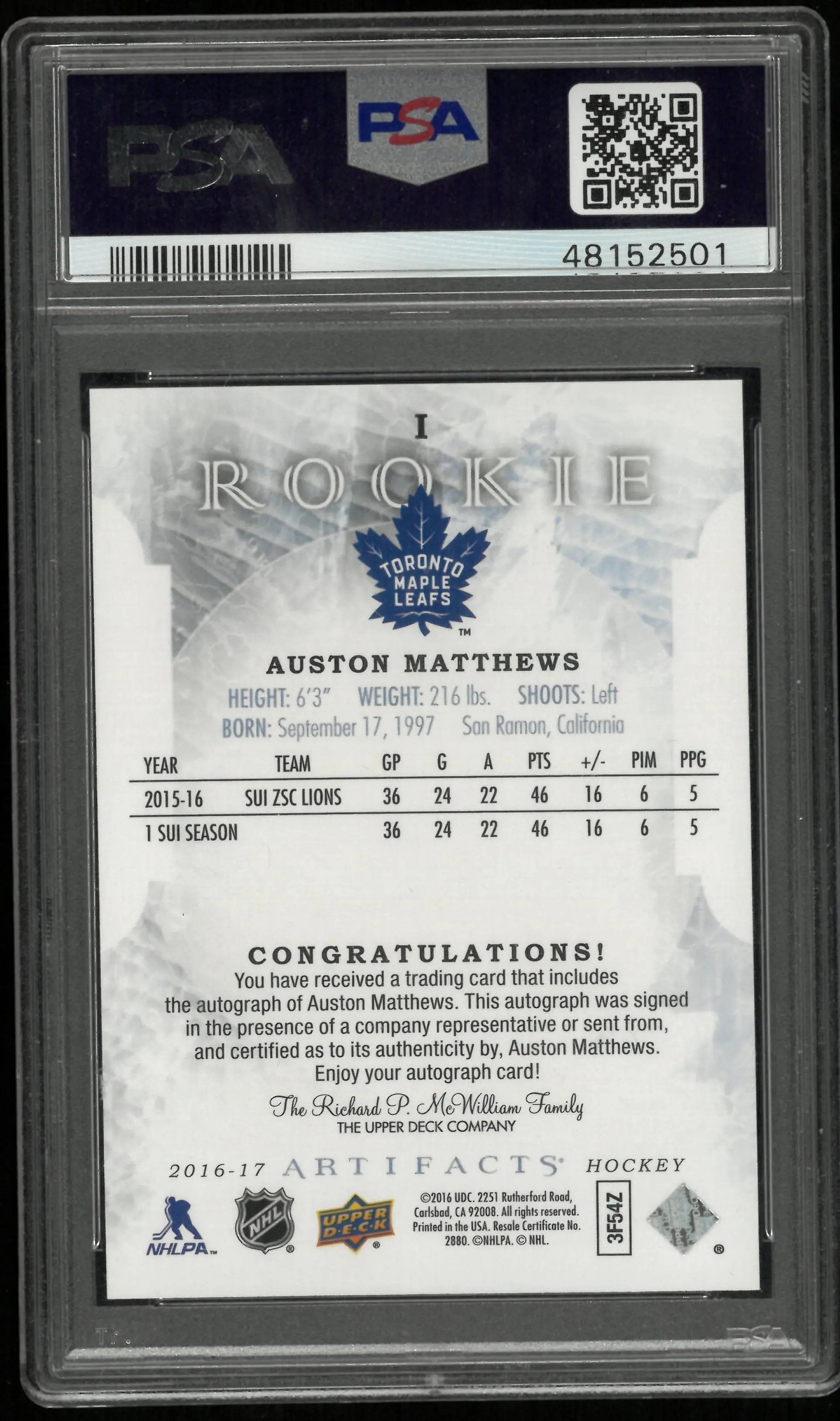2016 UD Artifacts Autograph Auto RC Rookie Redemption Auston Matthews PSA 9 /135 