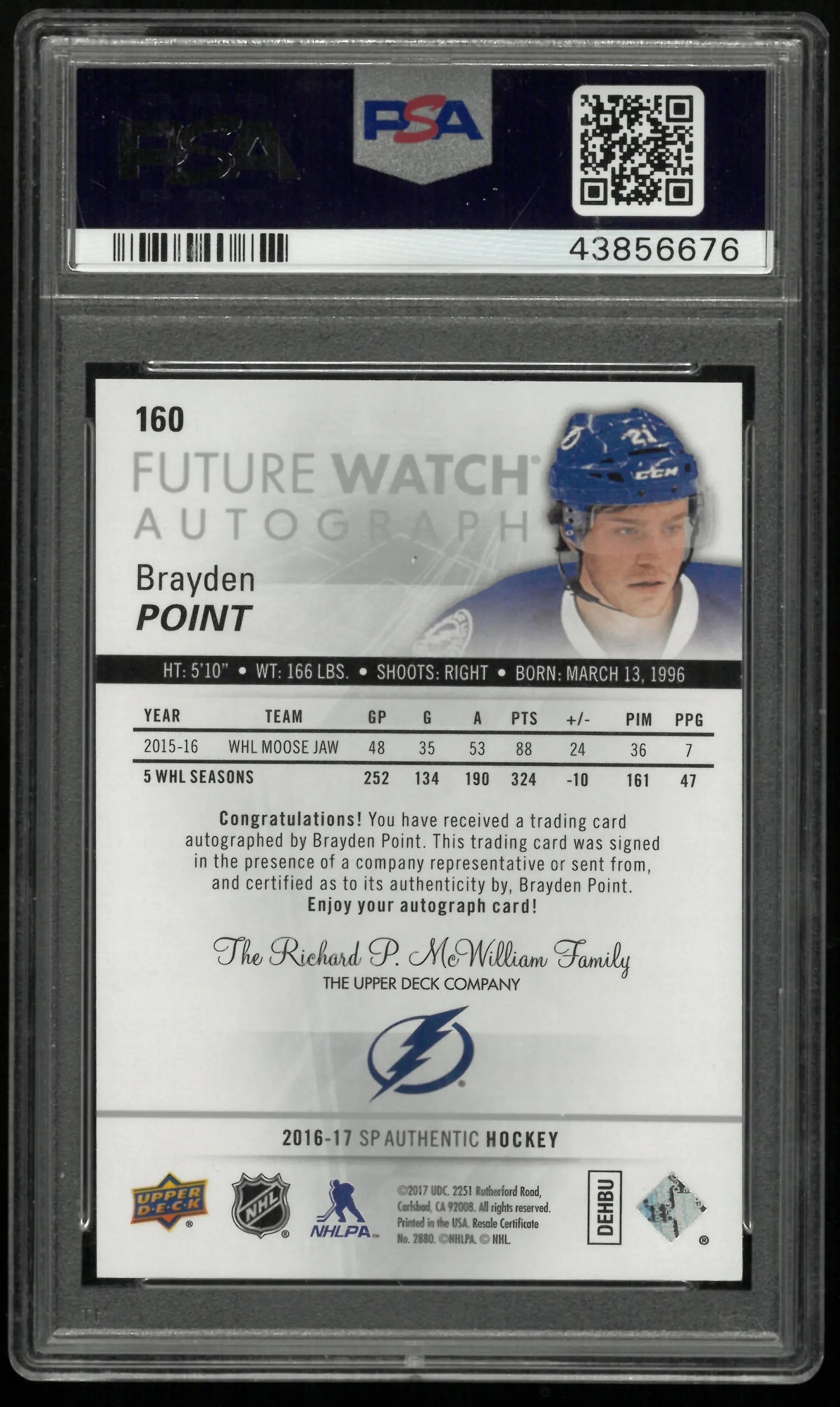 2016 UD SP Authentic Brayden Point RC Future Watch Auto PSA 10 /999 