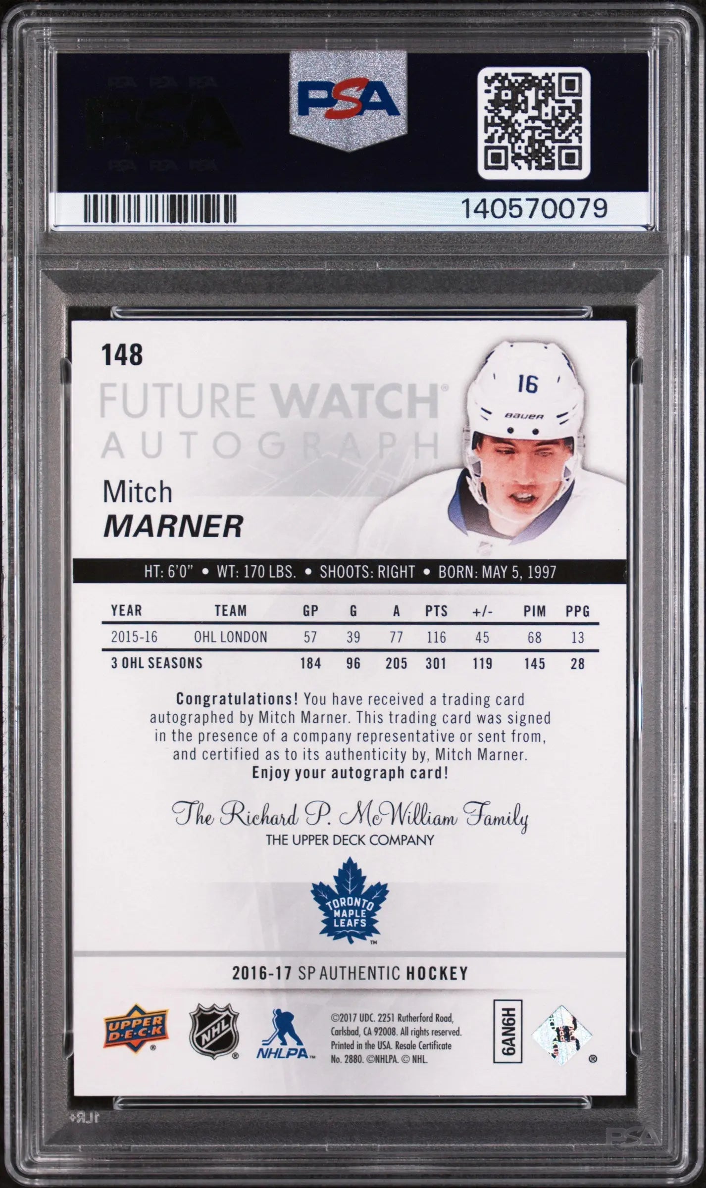 2016 UD SP Authentic Future Watch Rookie Mitch Marner Autograph Auto/999 RC PSA9 