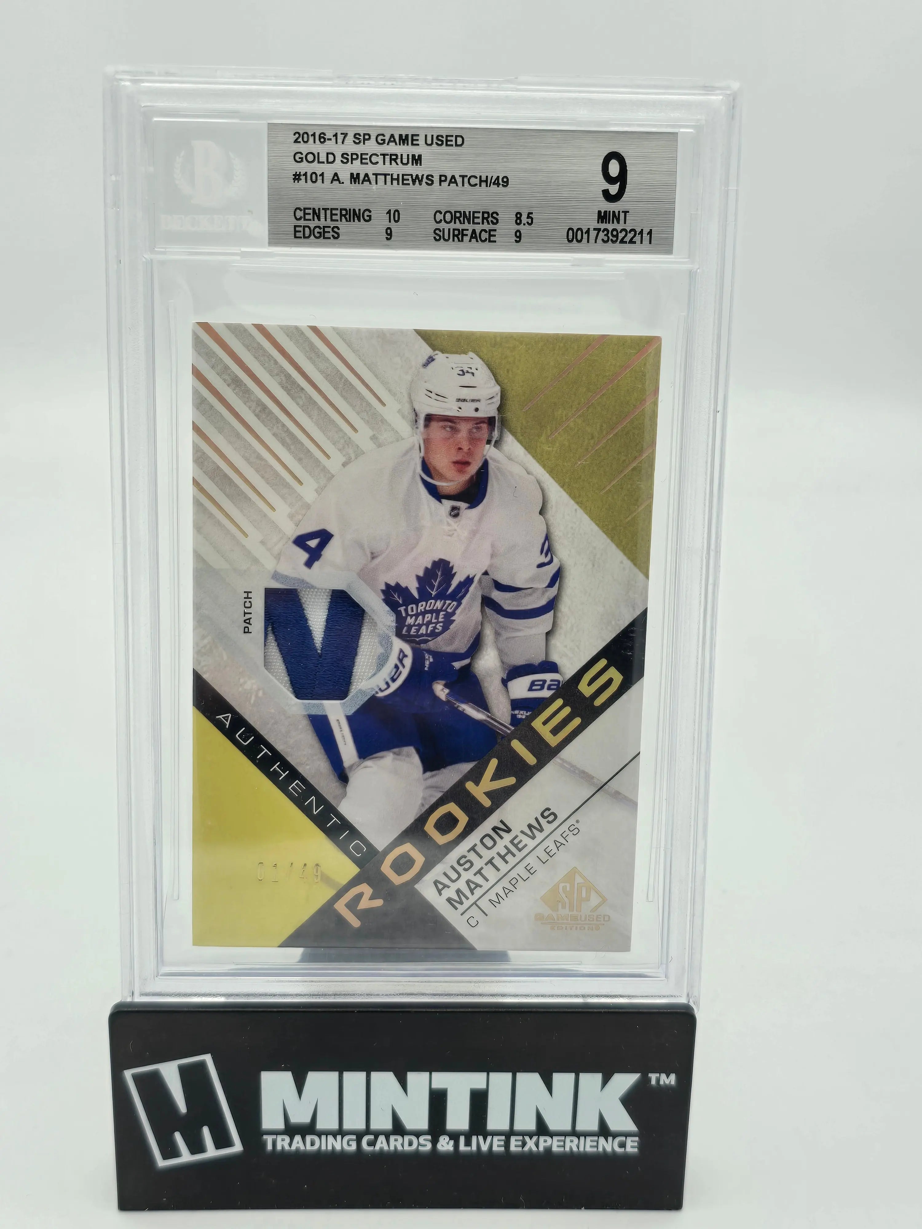 2016 UD SP Game Used Gold Spectrum Auston Matthews RC Rookie Patch BGS 9 1/49 
