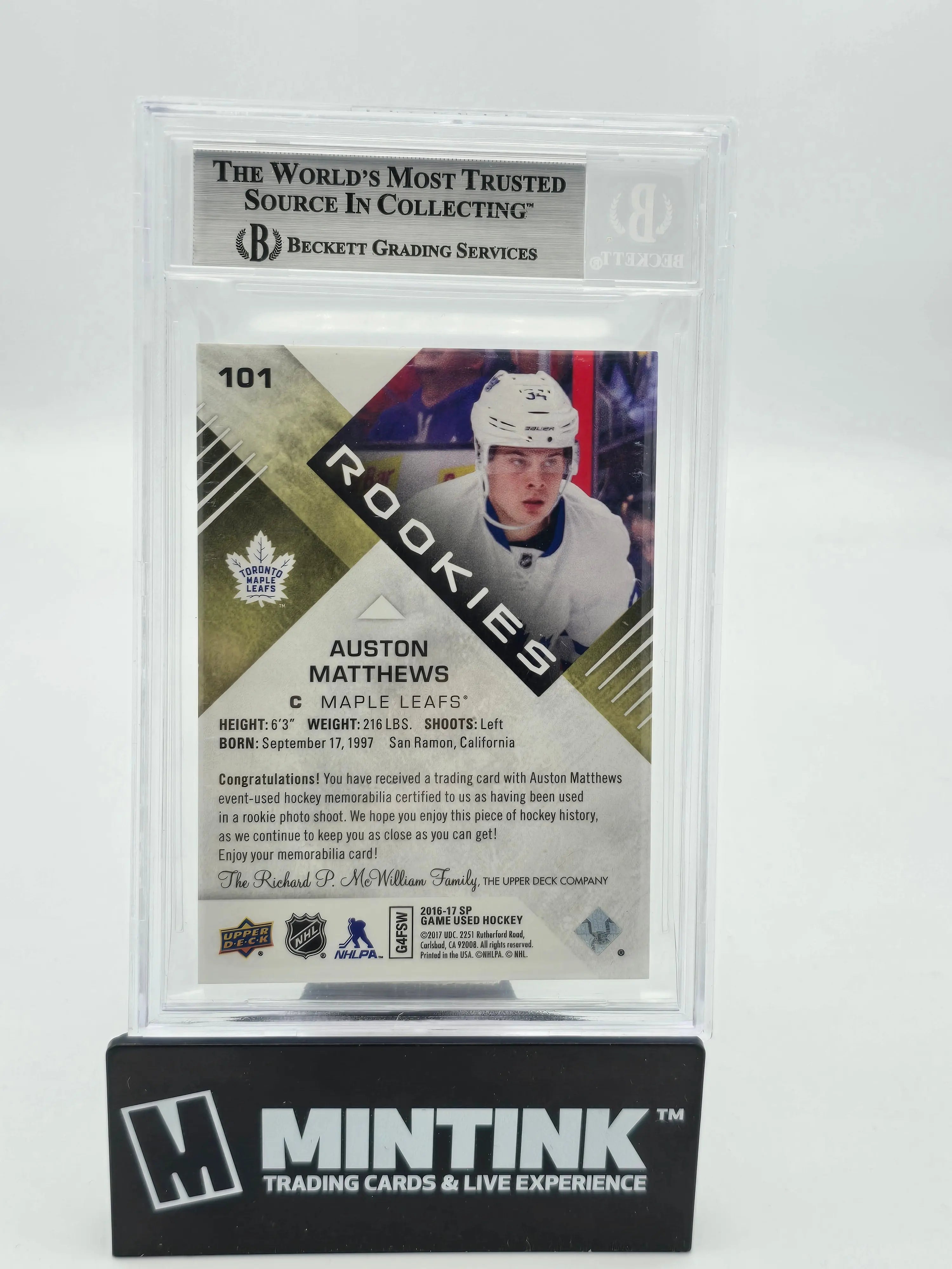 2016 UD SP Game Used Gold Spectrum Auston Matthews RC Rookie Patch BGS 9 1/49 