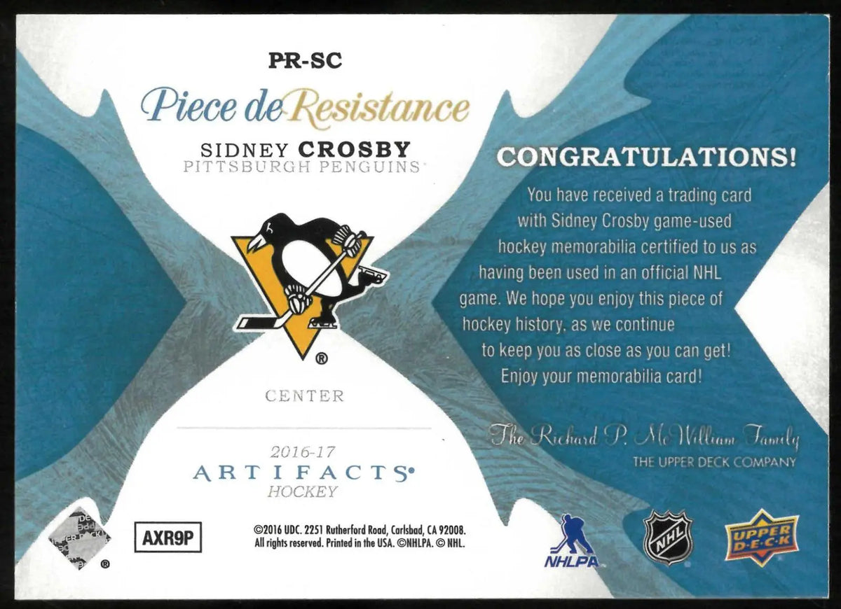 2016 Upper Deck Artifacts Piece de Resistance Sidney Crosby 