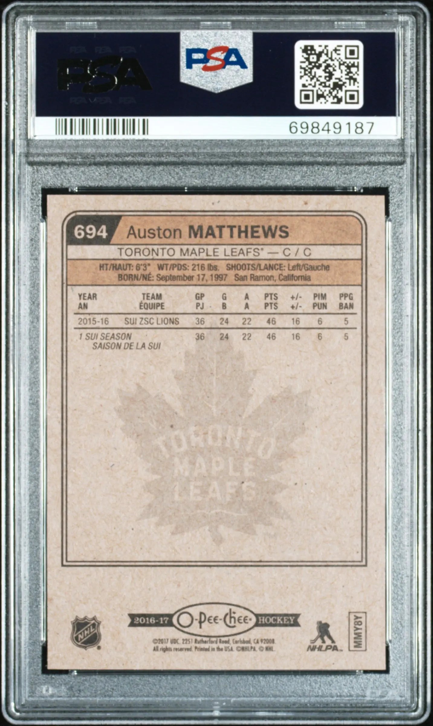 2016 Upper Deck O-Pee-Chee Update Rookie Auston Matthews RC PSA 9 