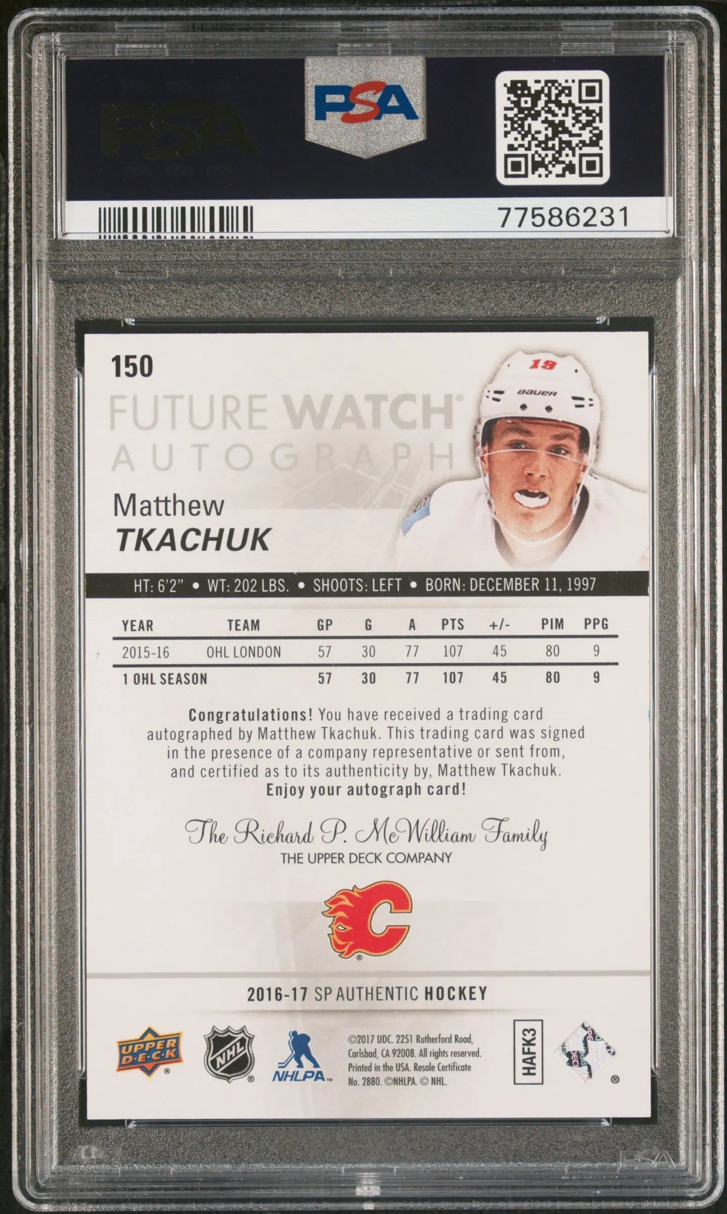 2016 Upper Deck SP Authentic Matthew Tkachuk #150 Autograph Auto PSA 9 /999 