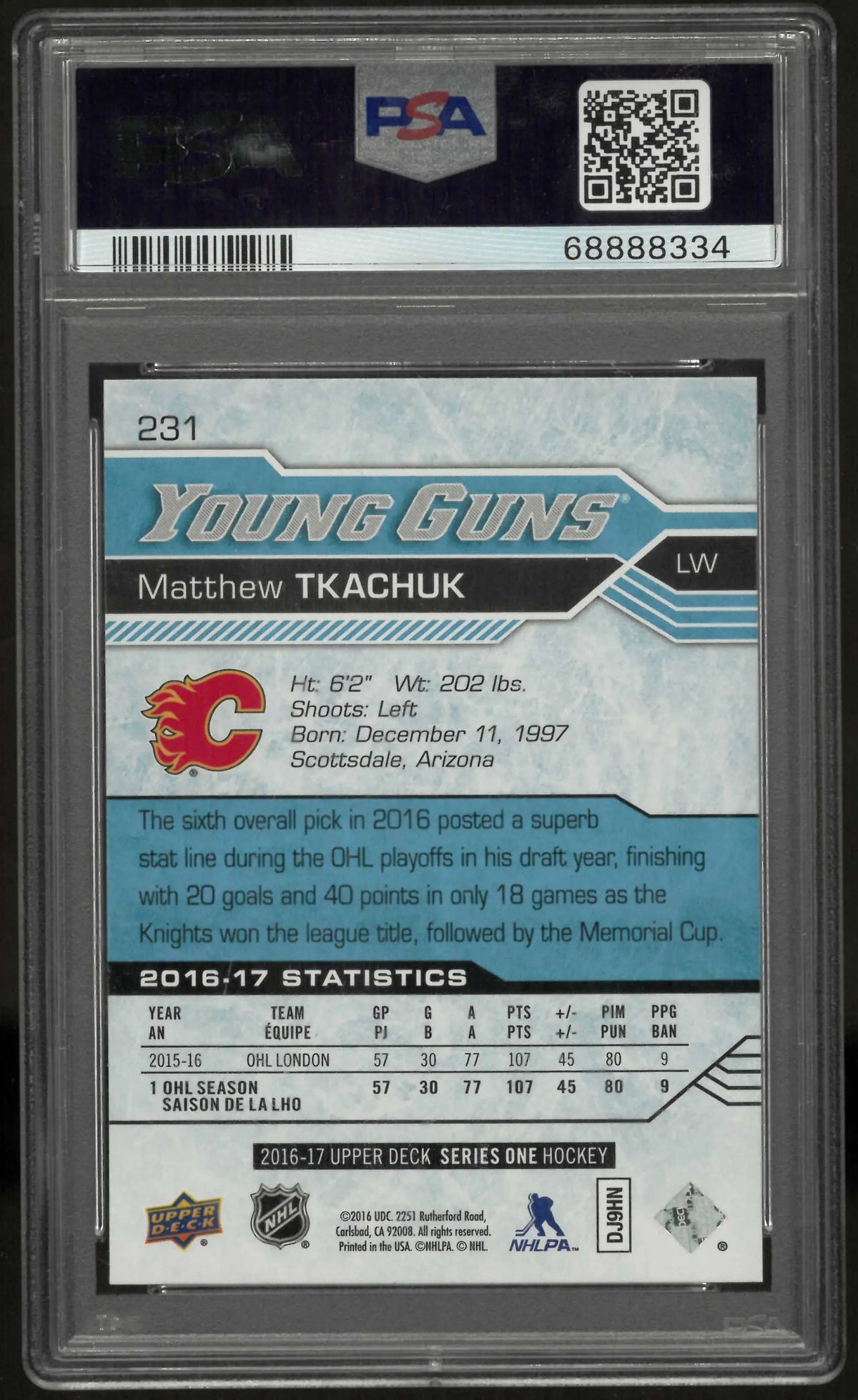 2016 Upper Deck Series One Young Guns Rookie Matthew Tkachuk RC PSA 10 