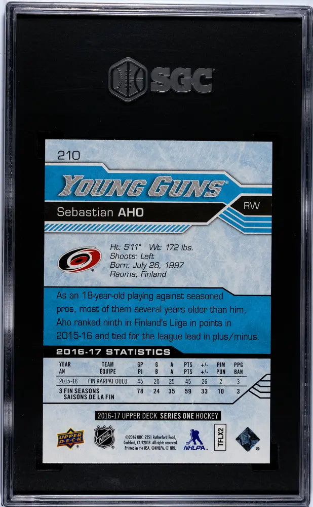 2016 Upper Deck Series One Young Guns Rookie Sebastian Aho RC SGC 10 