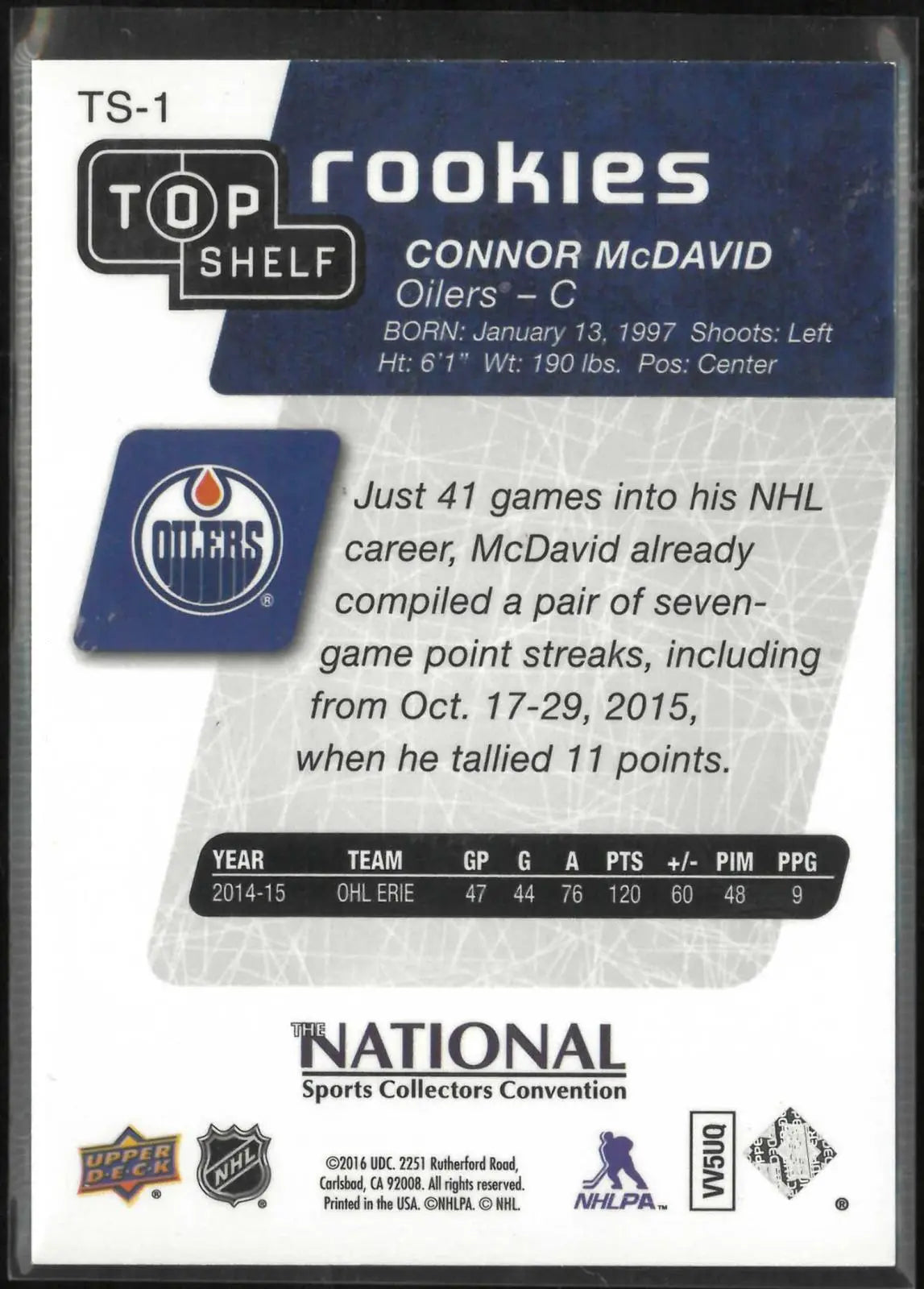2016 Upper Deck The Nationals Top Shelf Rookies Connor McDavid 