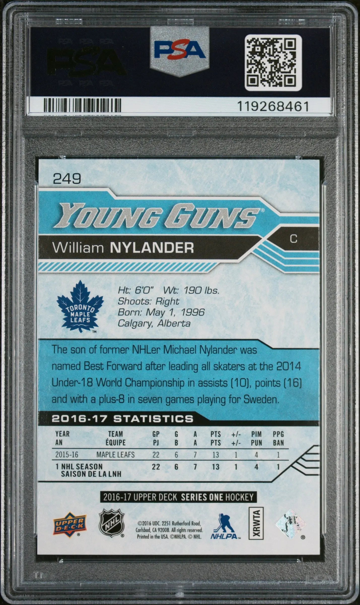 2016 Upper Deck William Nylander #249 / PSA 10 