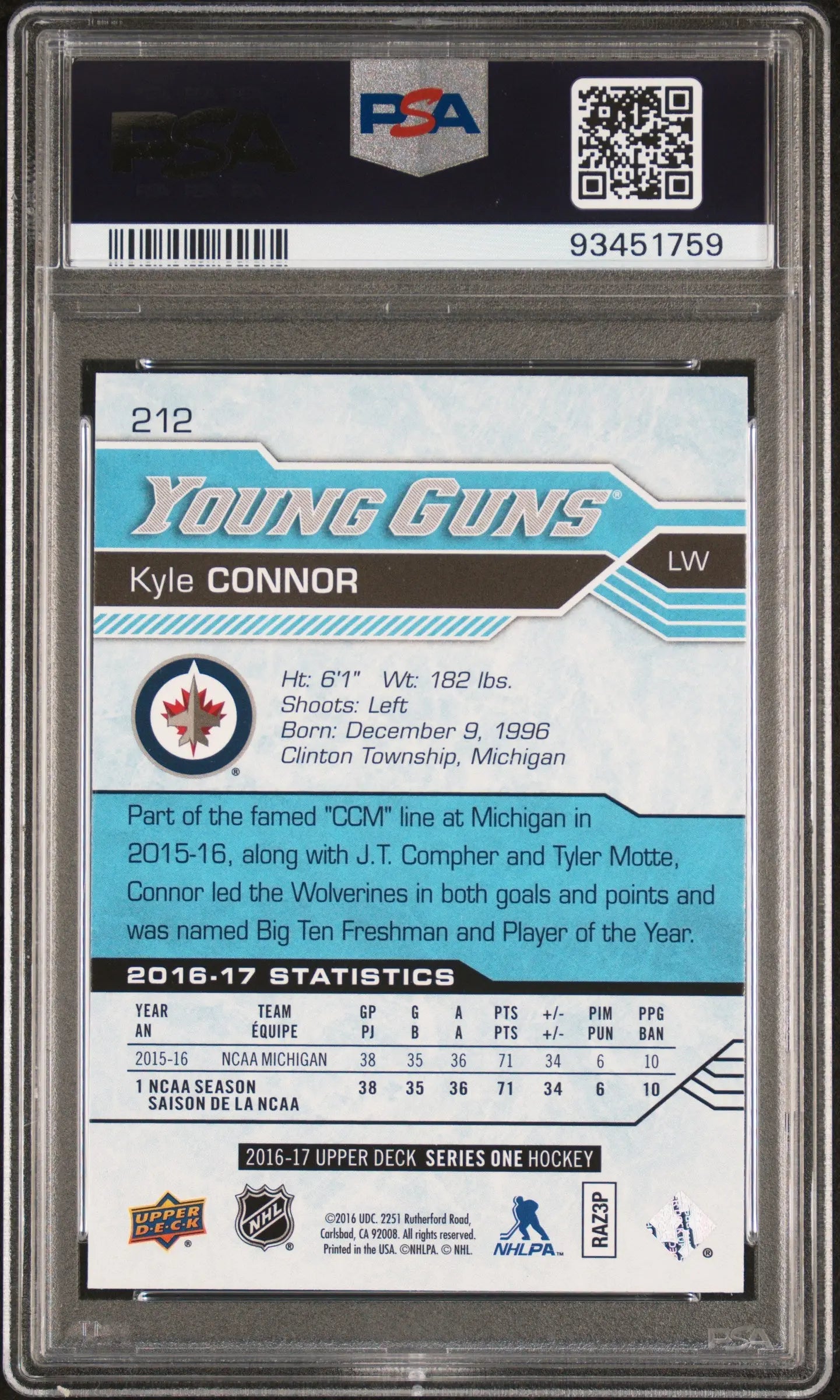 2016 Upper Deck YOung Guns Series 1 Rookie Kyle Connor RC PSA 10 